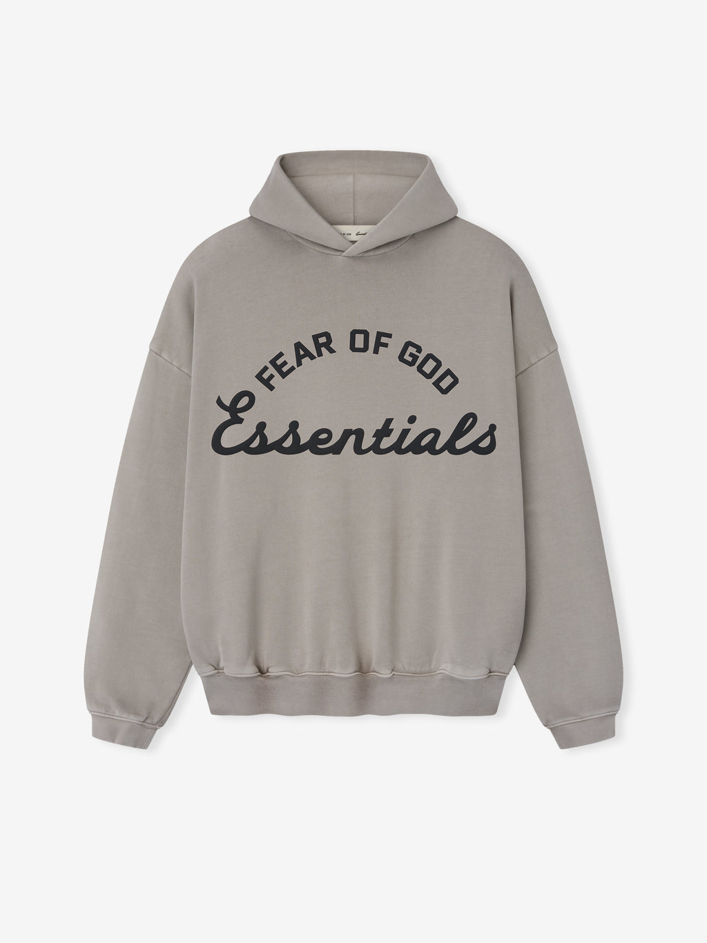 taupe pigment-dyed cotton fleece hoodie with oversized Fear of God Essentials logo in black puff print on front