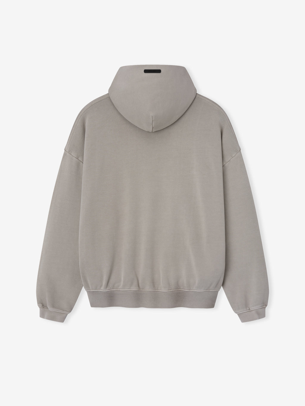 back view of gray pigment-dyed cotton fleece hoodie with relaxed fit and ribbed cuffs and hem