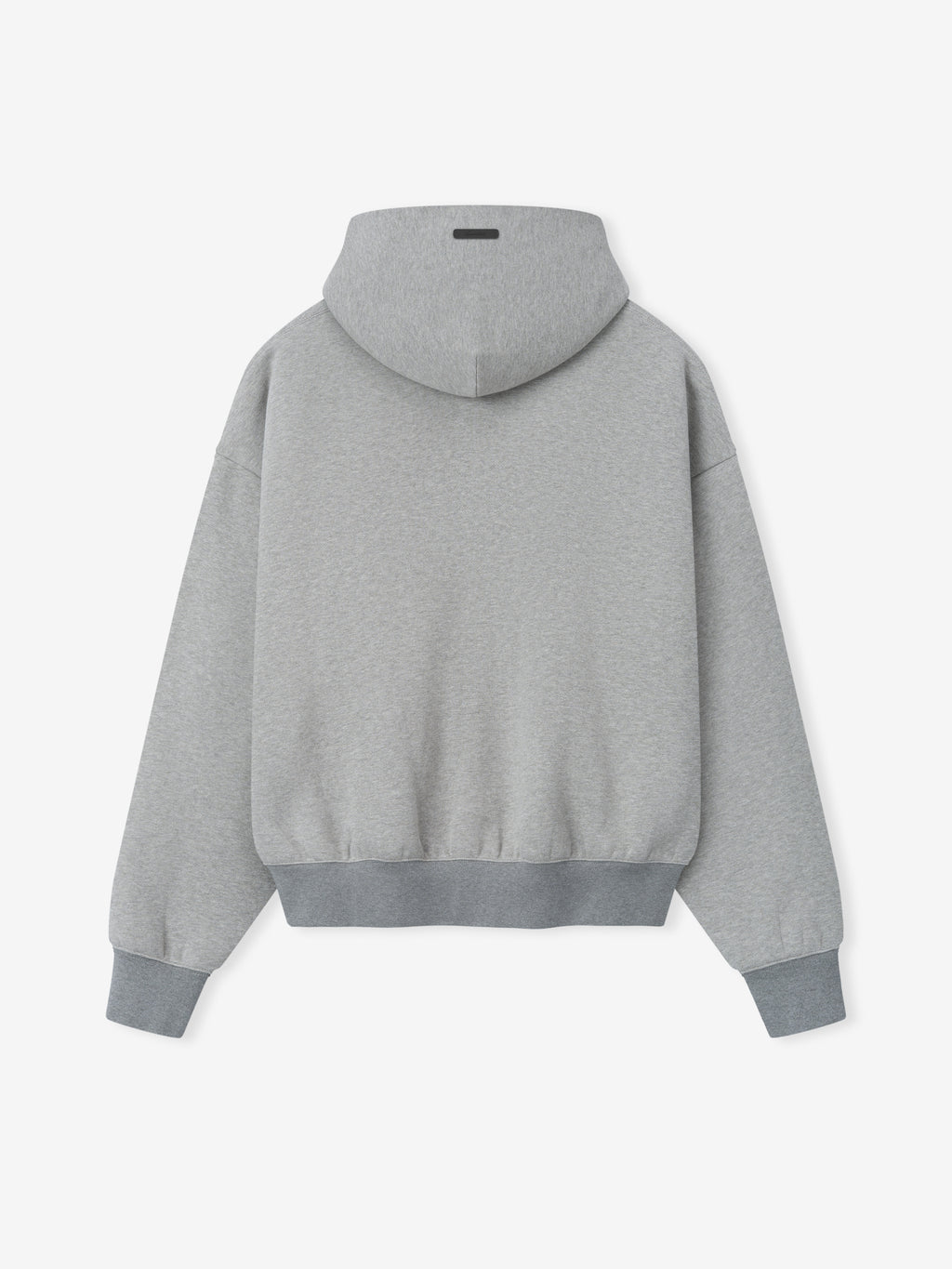 back view of gray heavyweight core fleece hoodie with ribbed cuffs and hem and attached hood