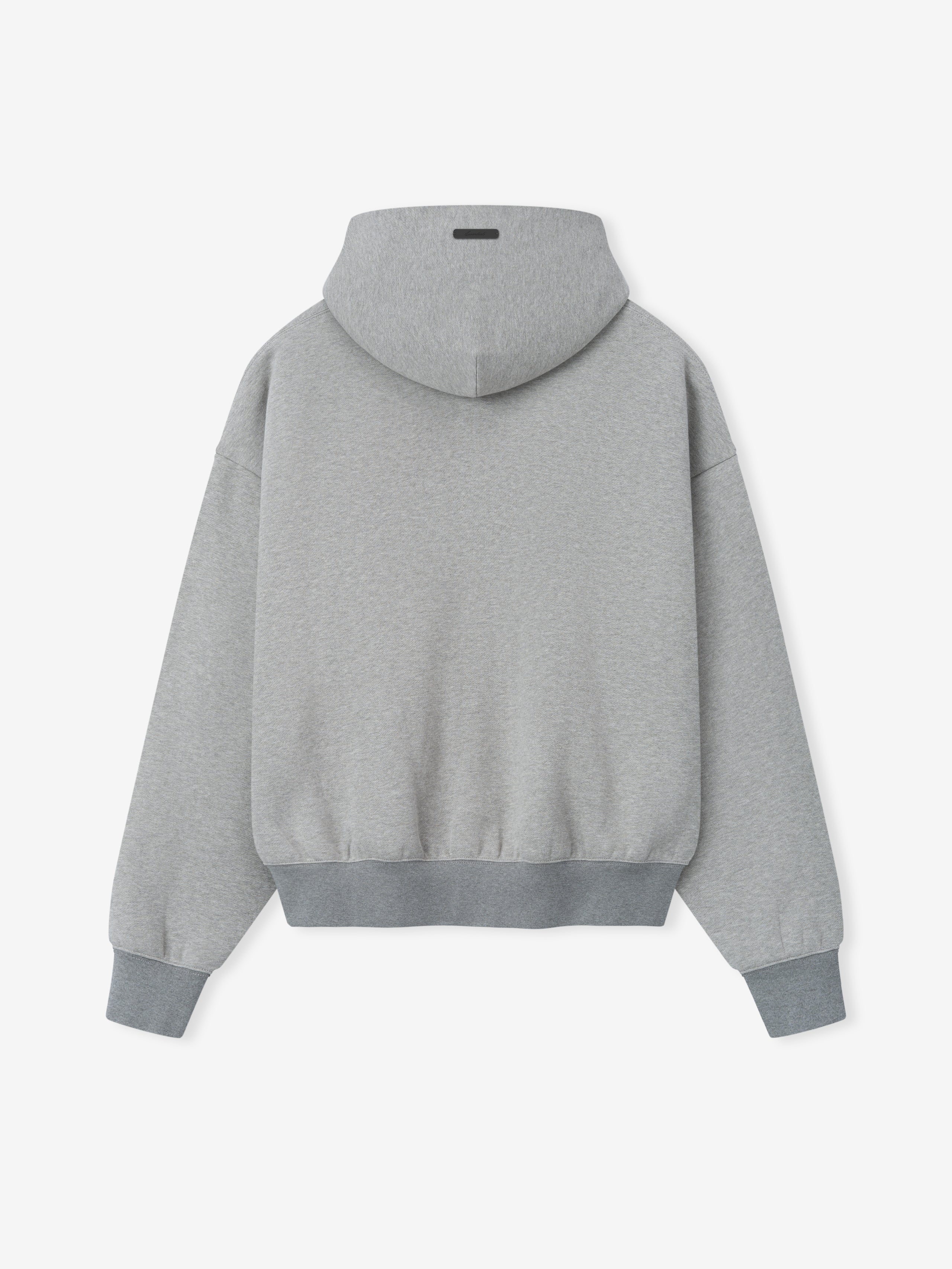 back view of gray heavyweight core fleece hoodie with ribbed cuffs and hem and attached hood