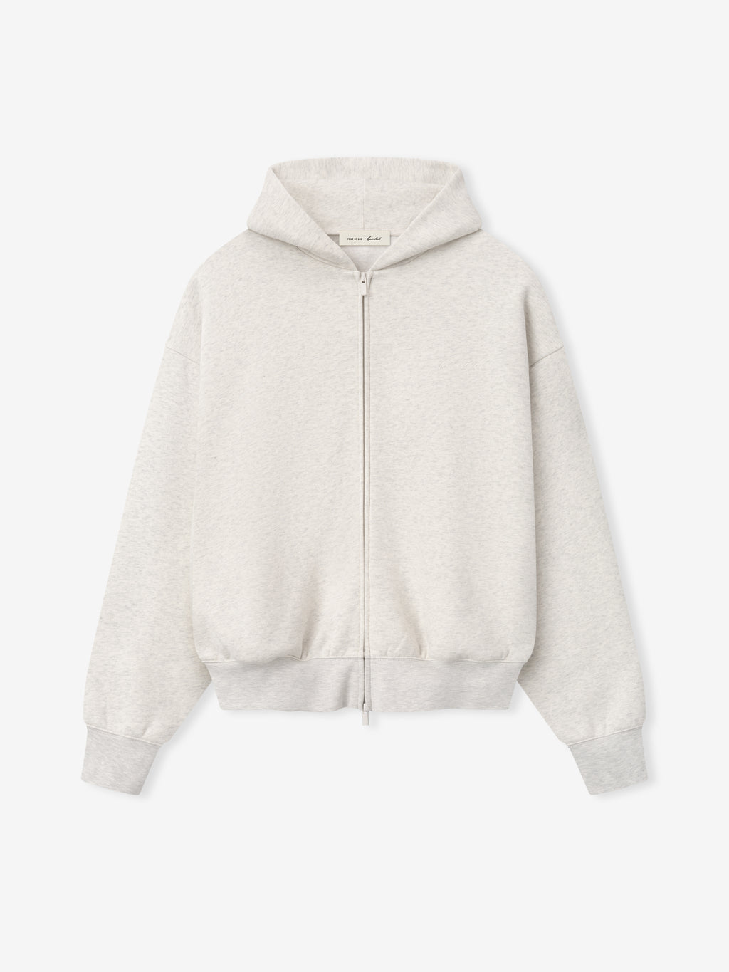 off-white heavyweight full zip hoodie with attached hood and ribbed cuffs and hem in core fleece fabric
