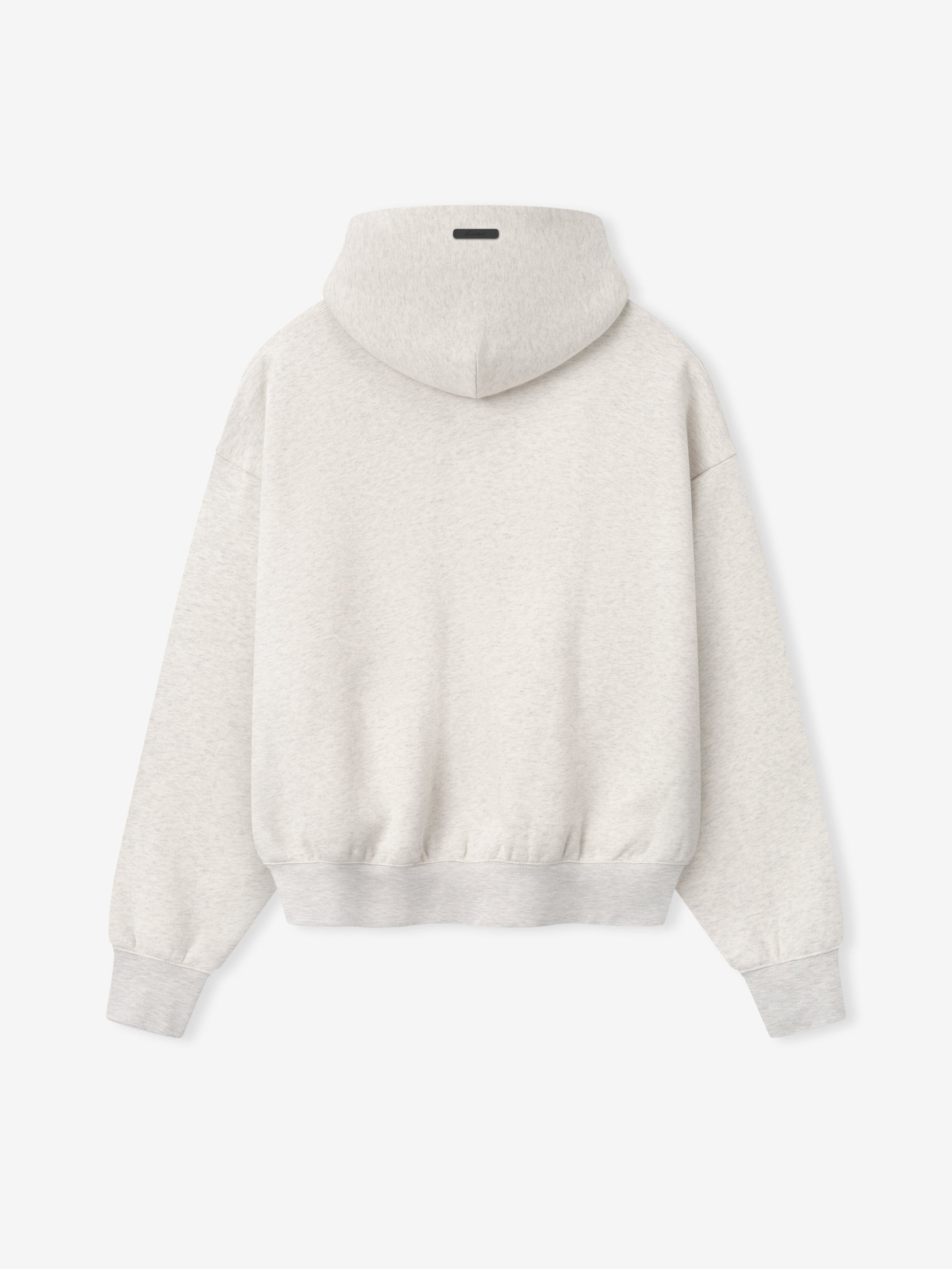 back view of off-white heavyweight core fleece hoodie with attached hood and ribbed cuffs and hem