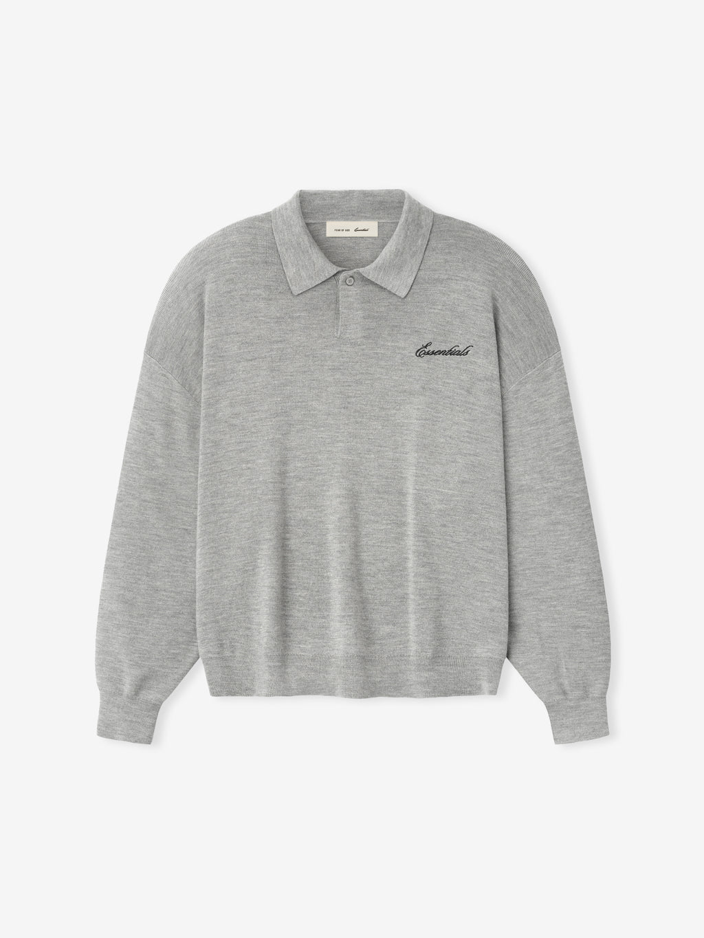 Gray long-sleeve polo shirt with brand logo on a white background