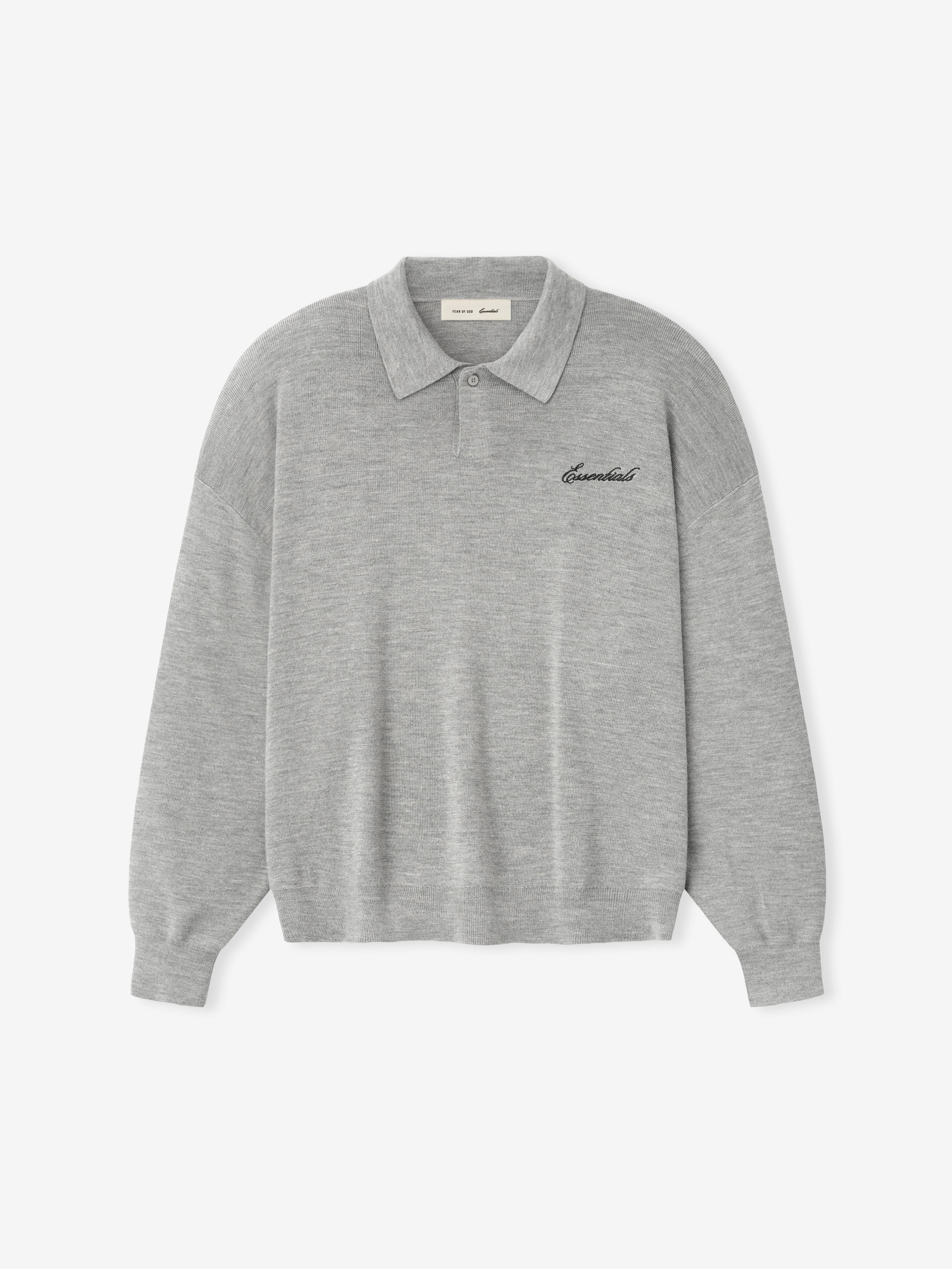 Gray long-sleeve polo shirt with brand logo on a white background