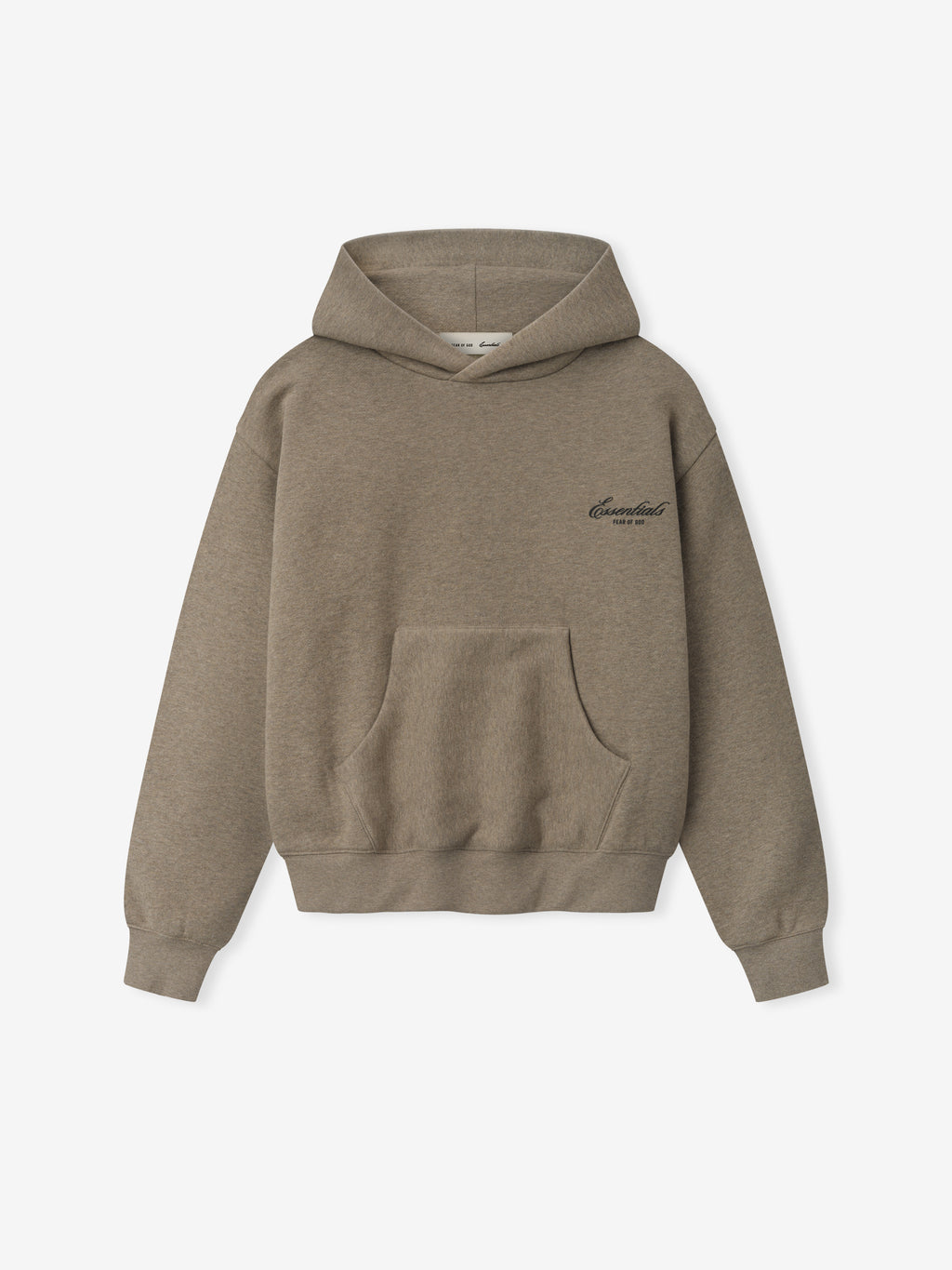 taupe core fleece hoodie for women with front kangaroo pocket and small text logo on left chest panel