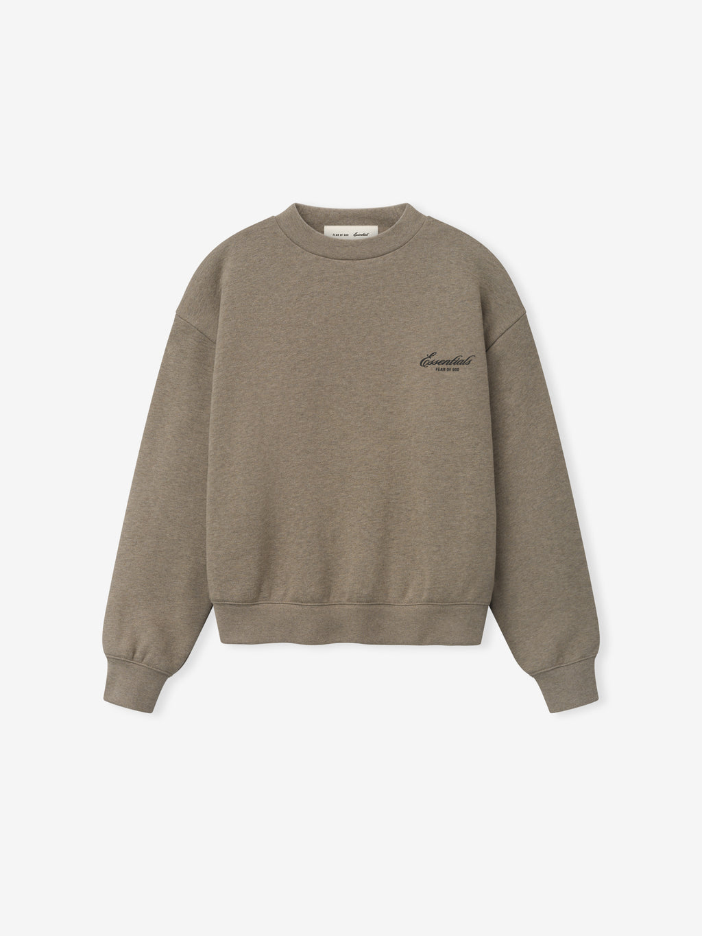 taupe crewneck sweatshirt for women made from thick core fleece with ribbed cuffs, hem, and subtle chest logo embroidery