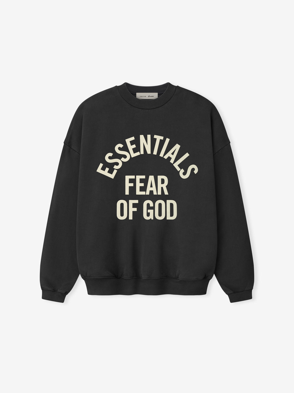 front view of black heavyweight cotton fleece crewneck sweatshirt with large off-white Essentials Fear of God logo