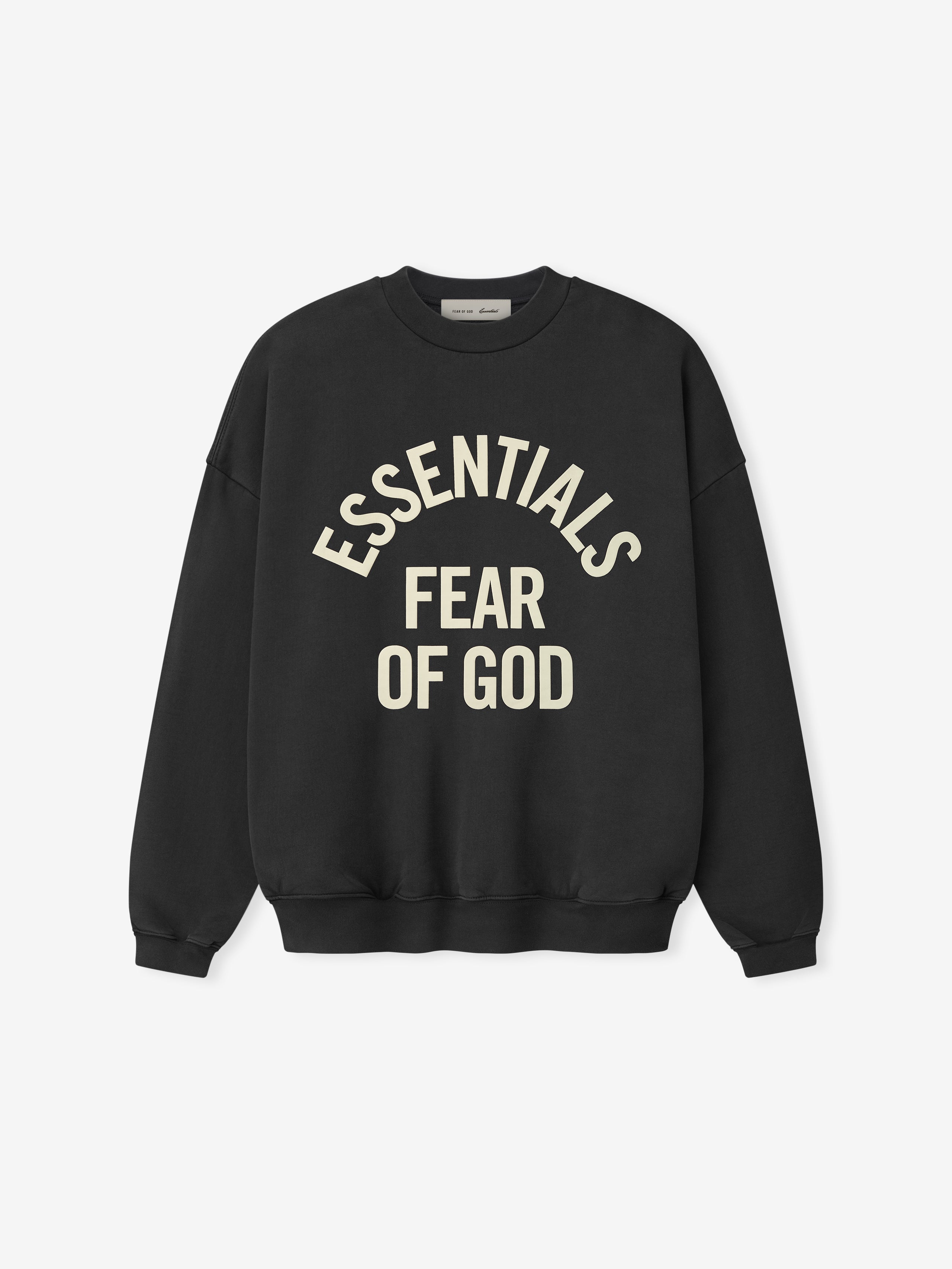 front view of black heavyweight cotton fleece crewneck sweatshirt with large off-white Essentials Fear of God logo