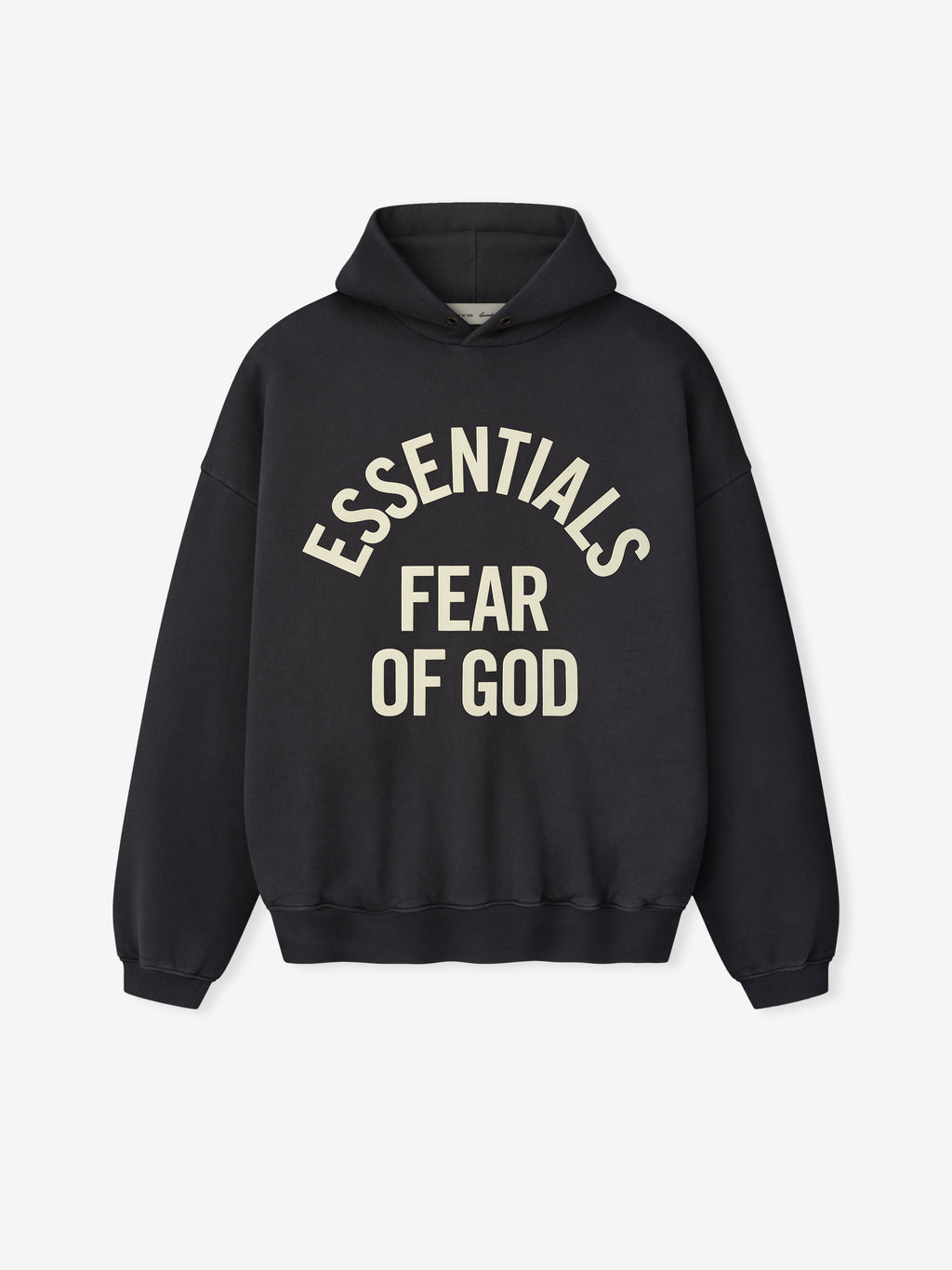 front view of black heavyweight hooded sweatshirt with cream Essentials Fear of God printed logo and ribbed cuffs and hem