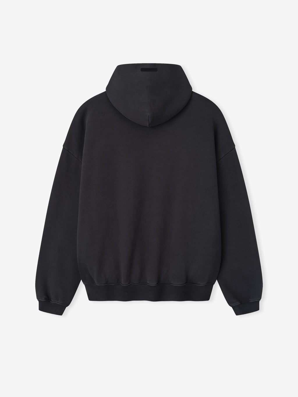 back view of black cropped heavyweight fleece hoodie with dropped shoulders and ribbed cuffs and hem