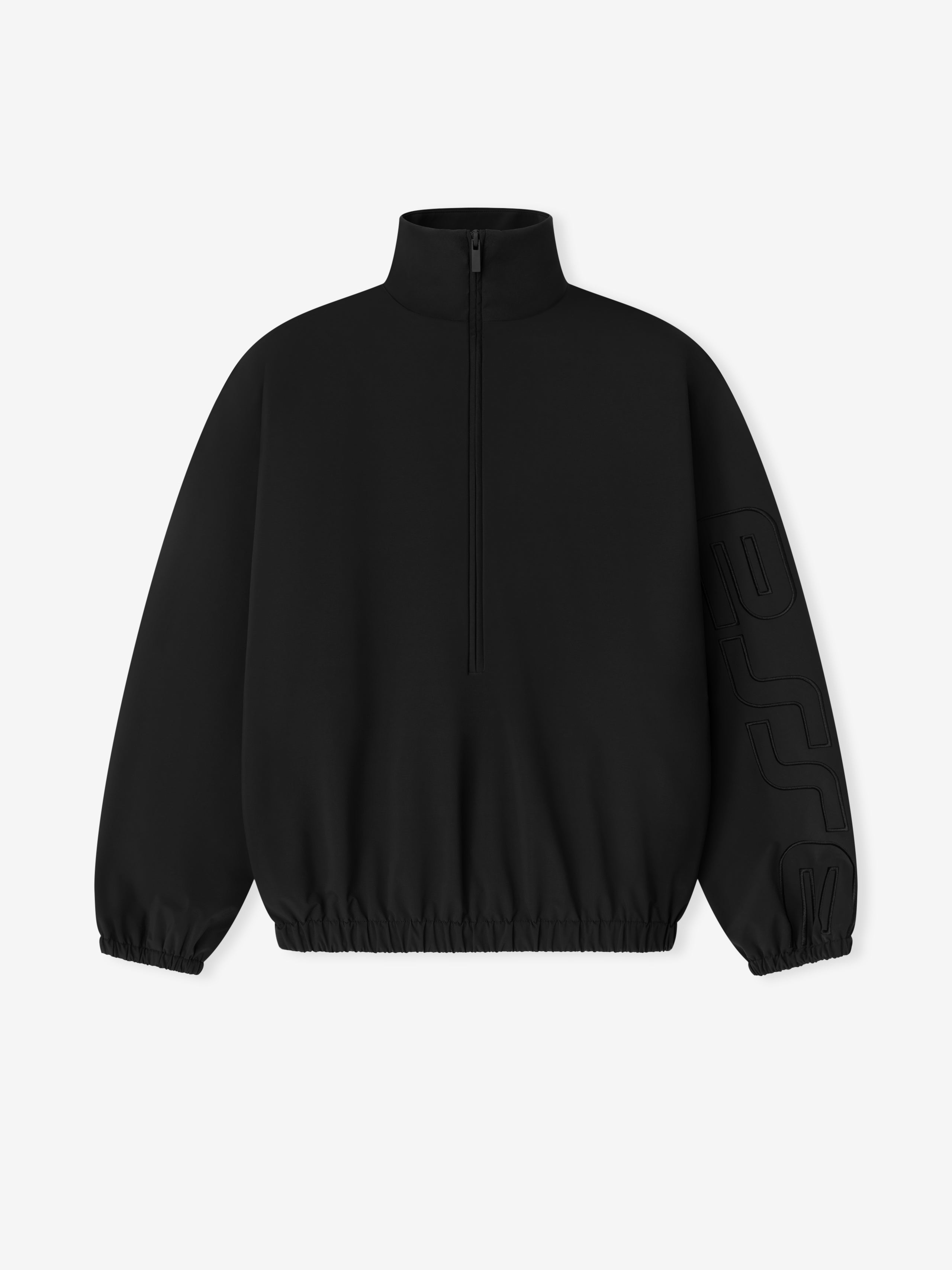 Black jacket front facing laying on a white background.