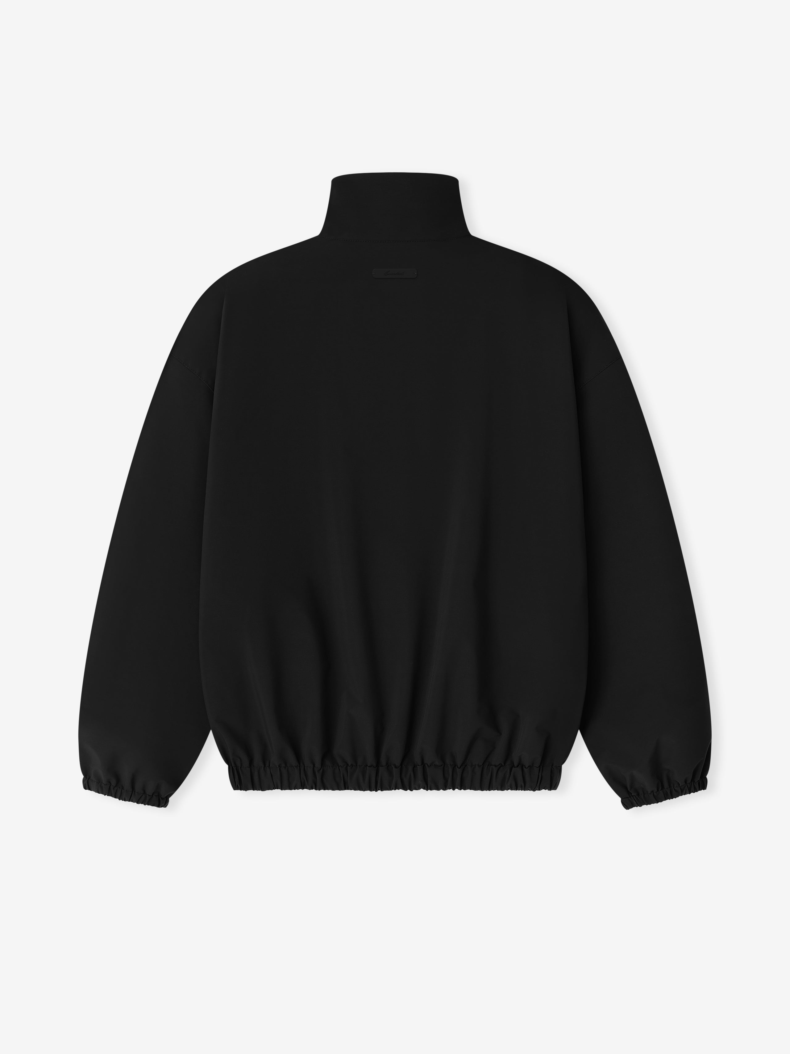 Black jacket back facing on a white background.