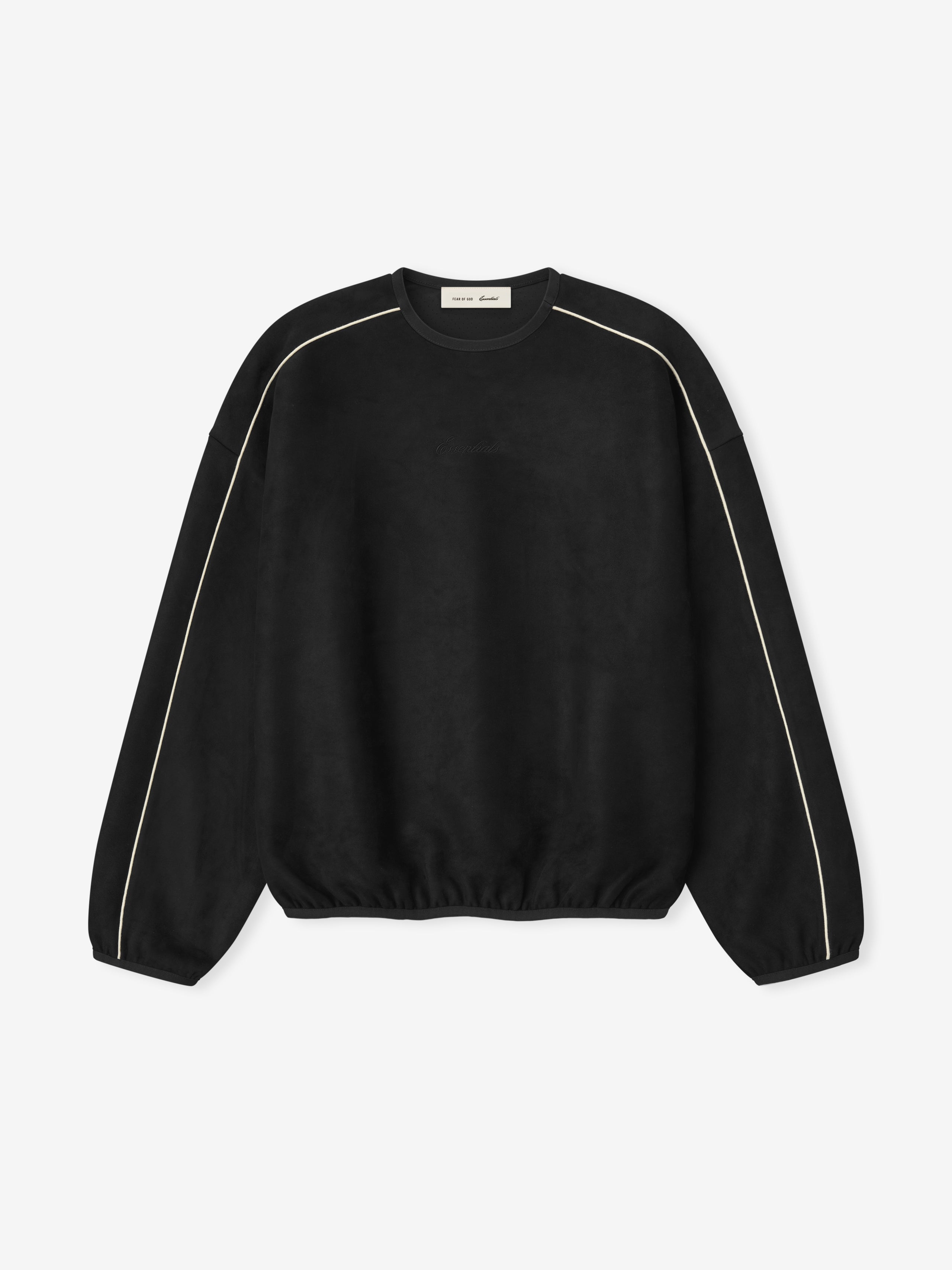 Black crewneck sweatshirt with white piping along raglan sleeves and elasticated cuffs and hem