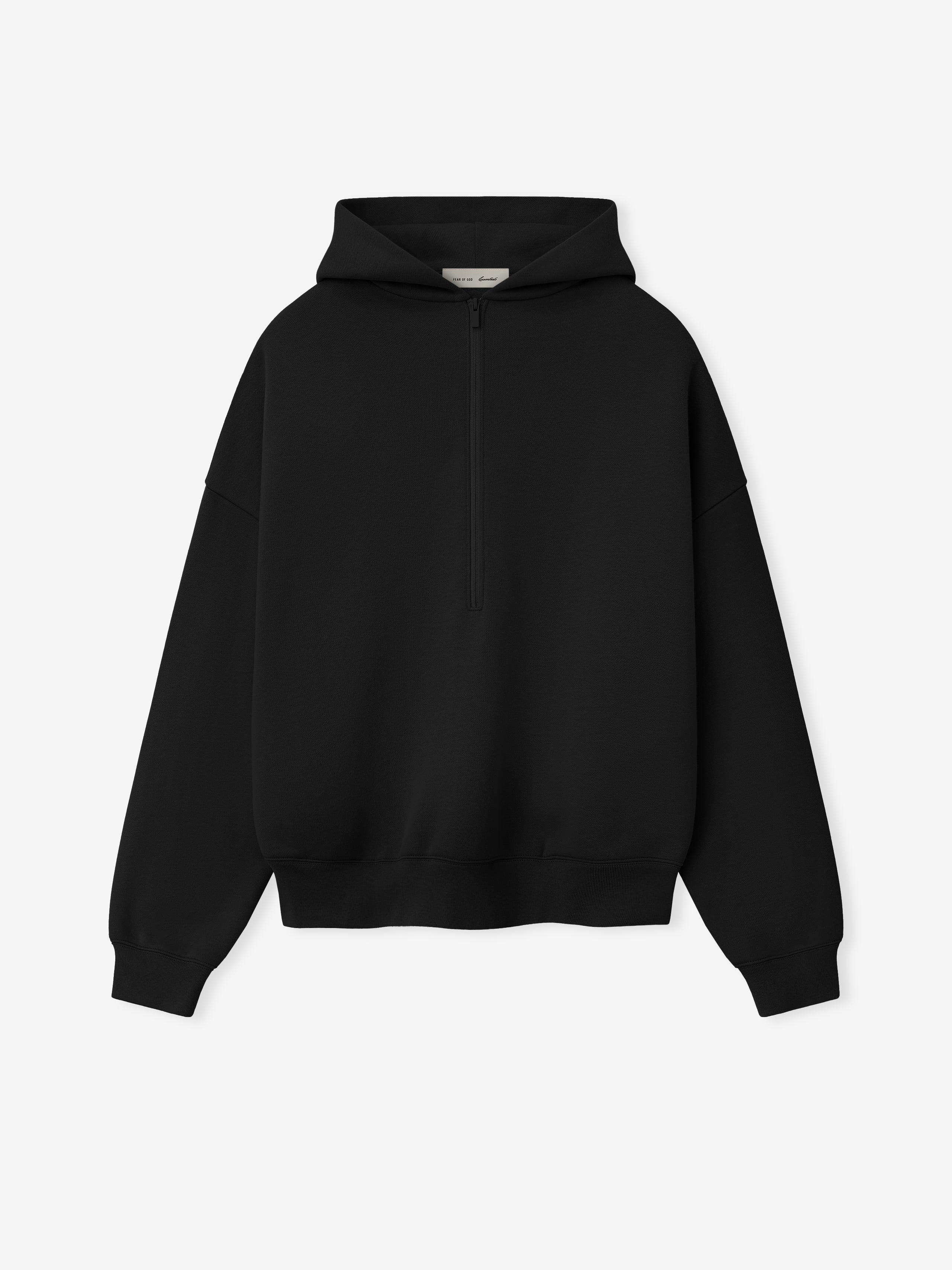 Minimalist black pullover hoodie with half-zip front and relaxed fit displayed on plain white background
