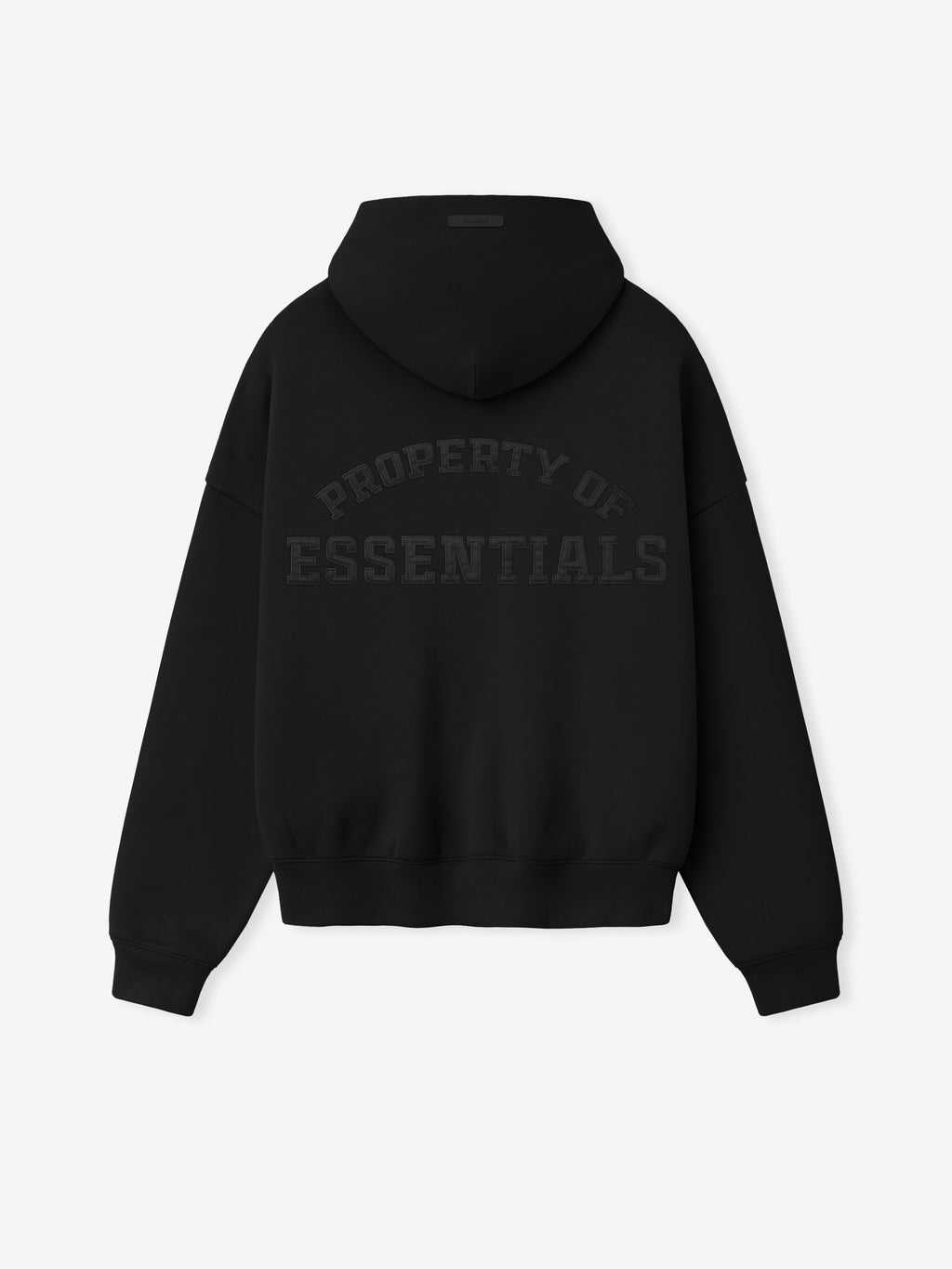 Black pullover hoodie with back text "Property of Essentials" and ribbed cuffs and hem on plain white background