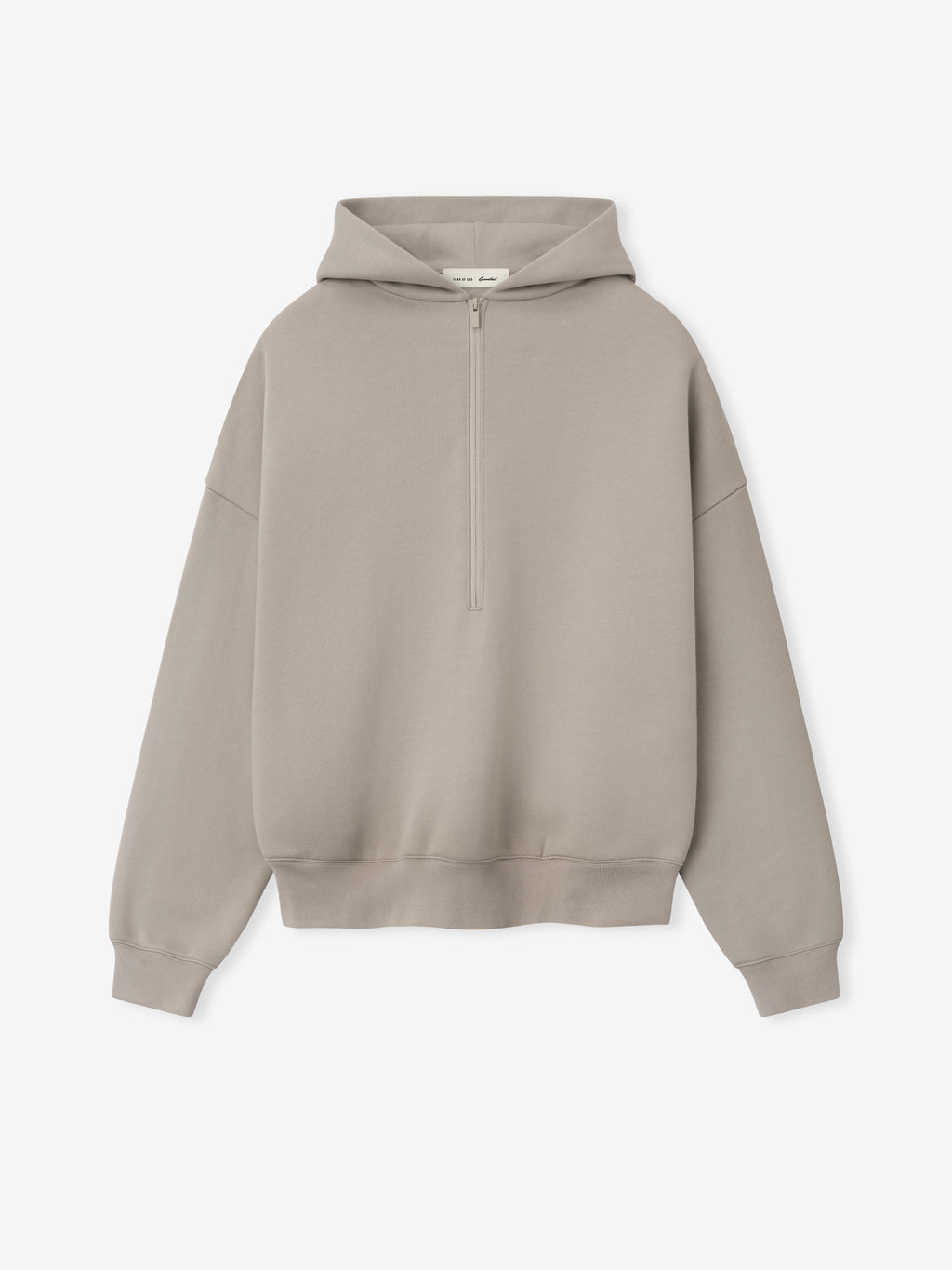 front view of beige heavyweight half-zip hoodie with dropped shoulders and double-layer hood and ribbed hem and cuffs