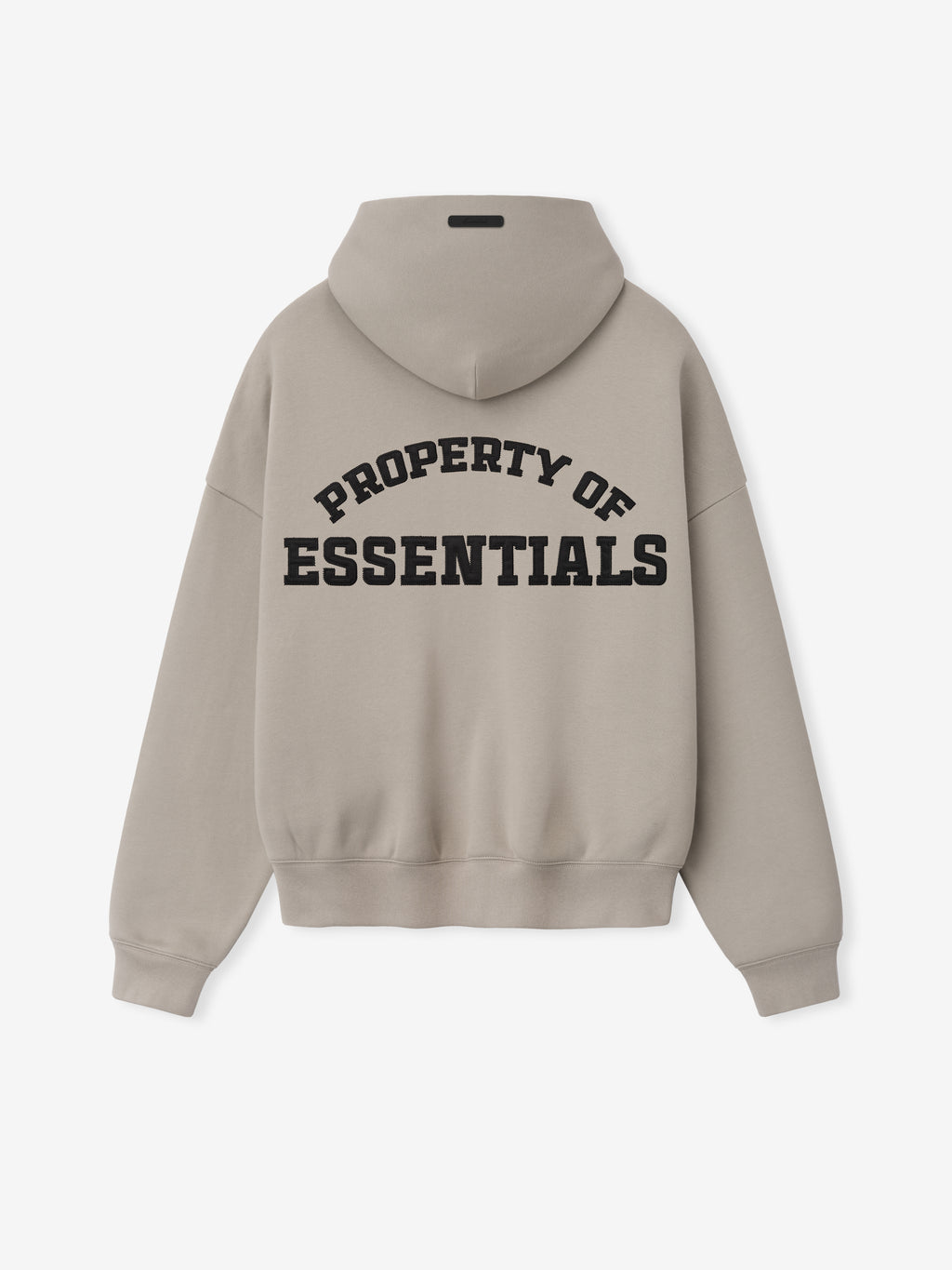 back view of beige heavyweight fleece hoodie with dropped shoulders and black satin stitch Property of Essentials logo
