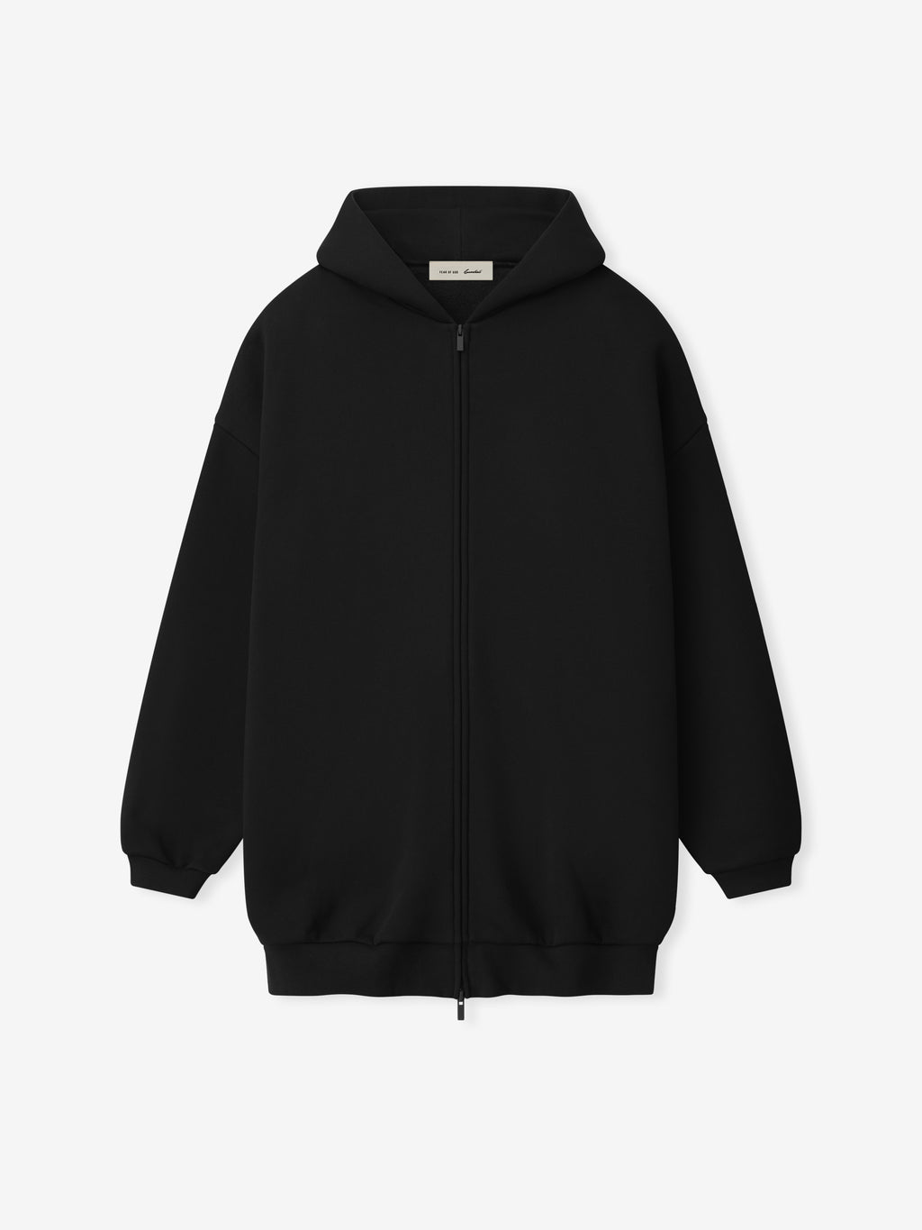 front view of black heavyweight full-zip hoodie with dropped shoulders, double-layer hood, and ribbed cuffs and hem