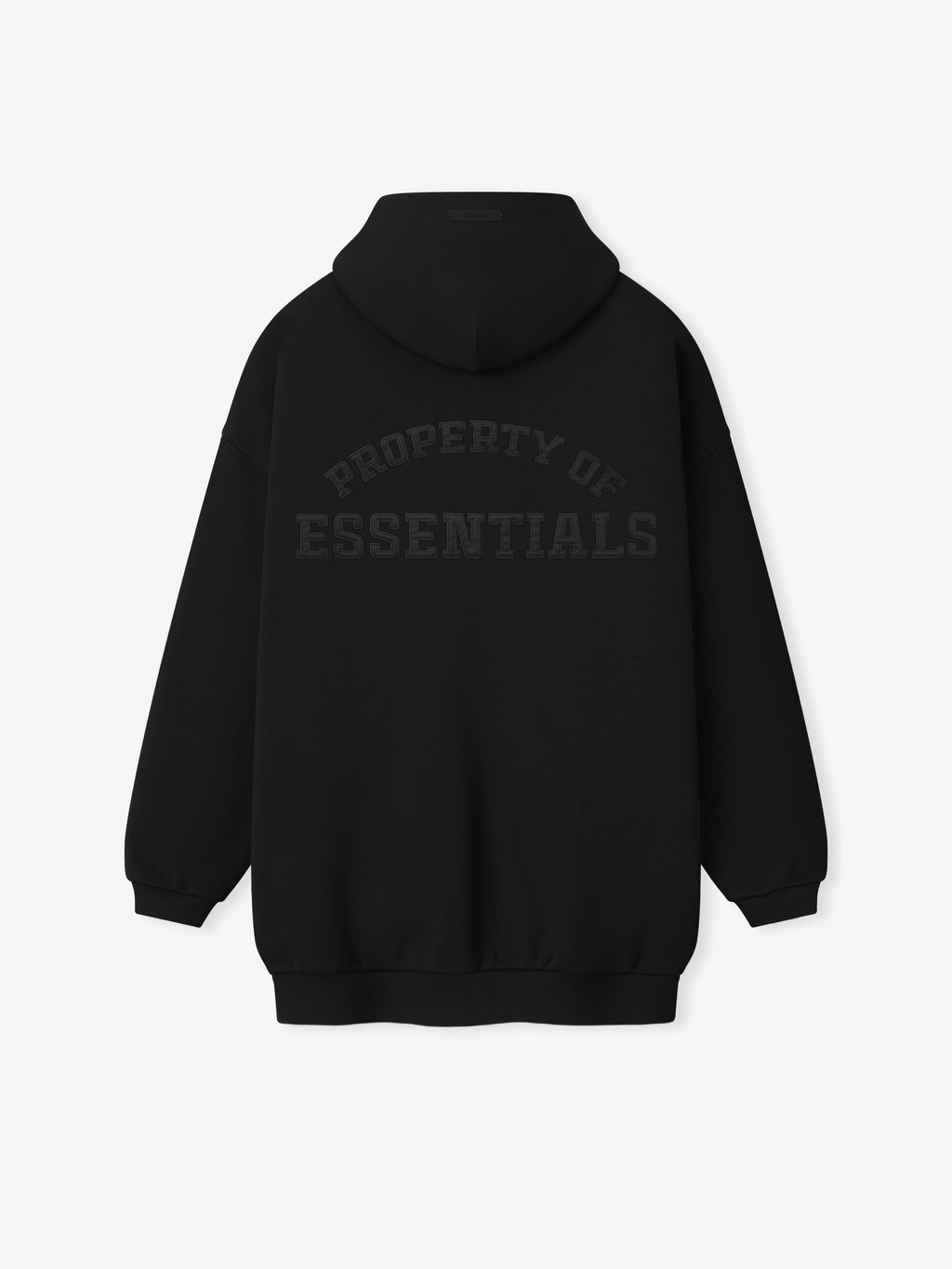 rear view of black heavyweight fleece full-zip hoodie with dropped shoulders and satin stitch Property of Essentials logo on back