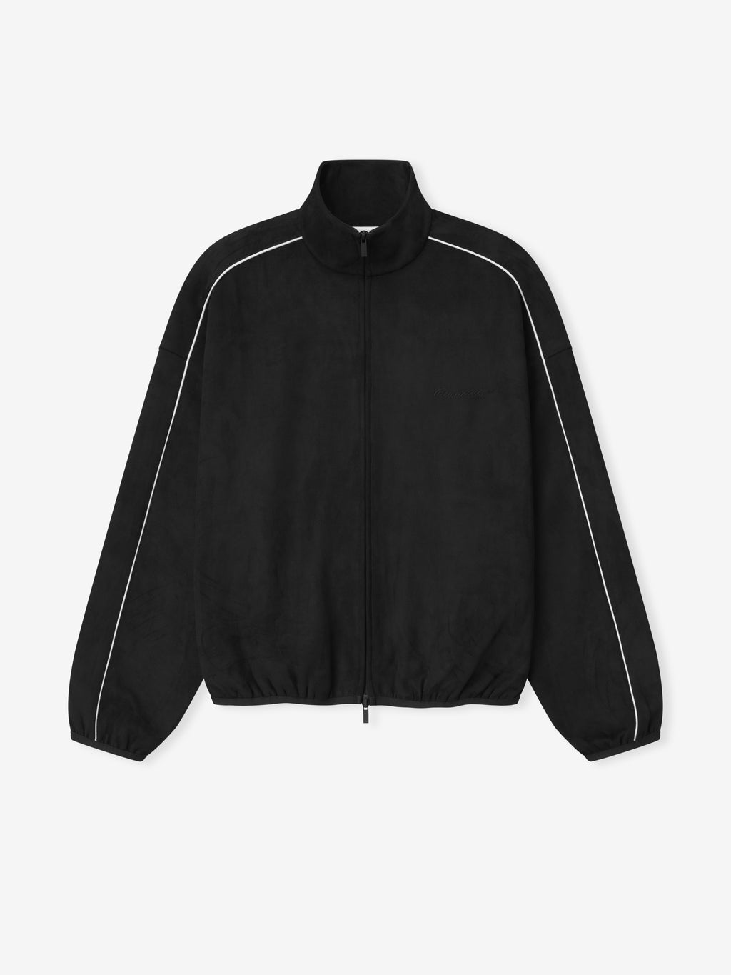 black suede fleece track jacket with oversized fit and white piping detail along sleeves and shoulders