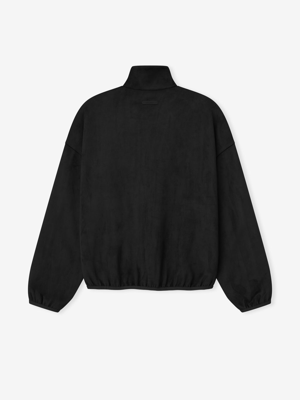 back view of black bonded suede fleece track jacket with oversized fit and elasticated hem and cuffs