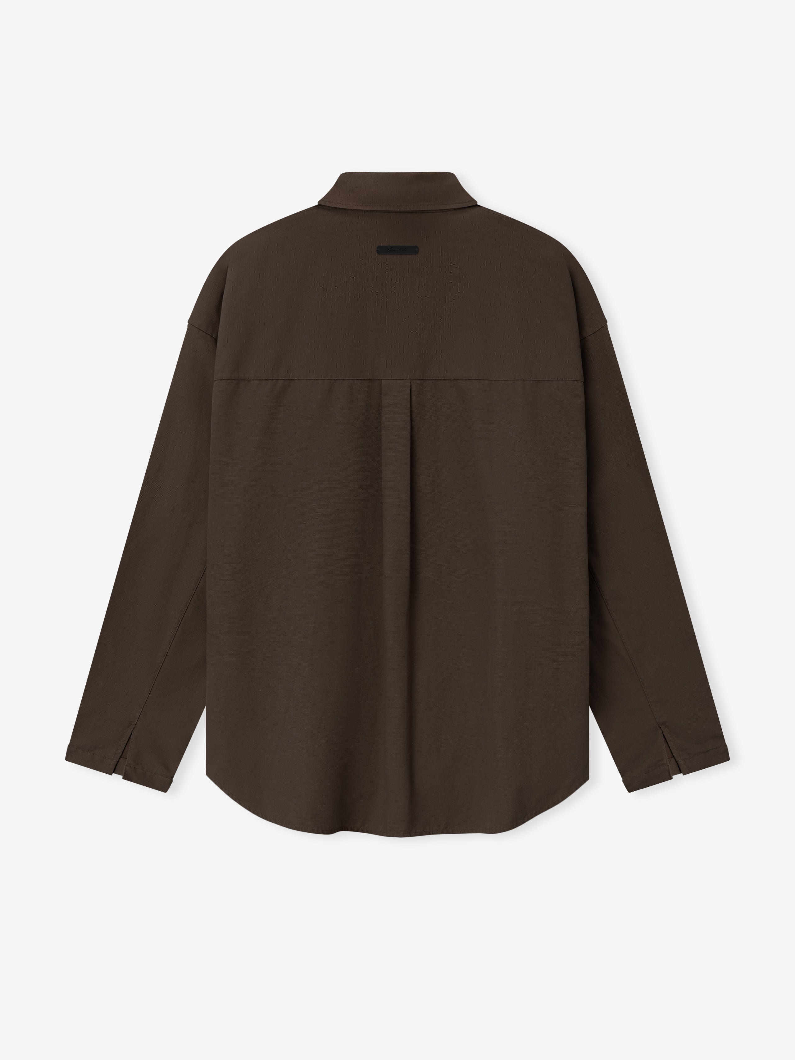 Back view of dark brown long-sleeve shirt with a box pleat and straight hem on a plain white background