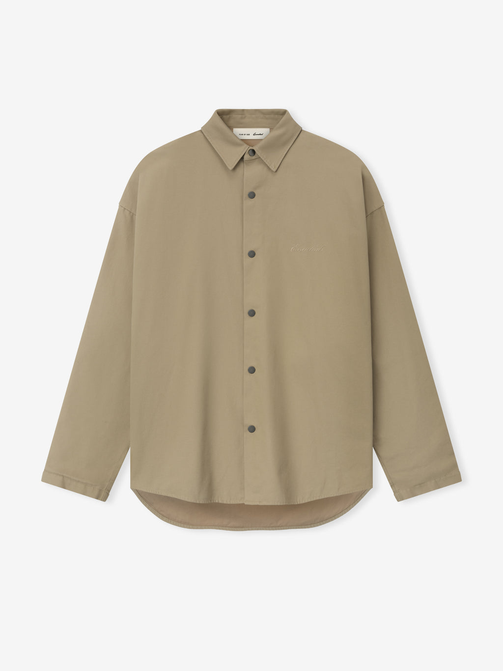 Front view of beige long-sleeve button-up shirt with pointed collar and rounded hem on white background