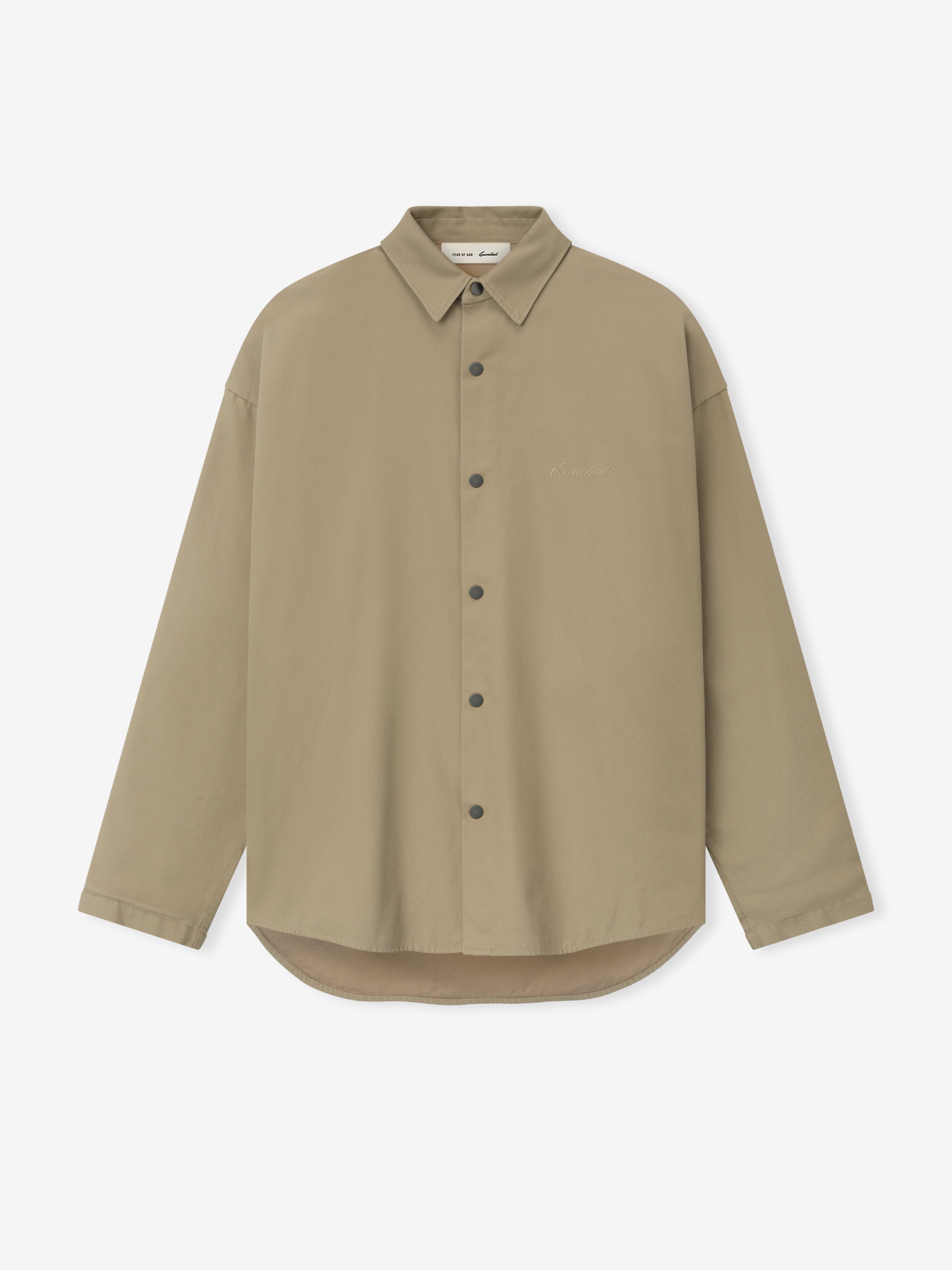 Front view of beige long-sleeve button-up shirt with pointed collar and rounded hem on white background