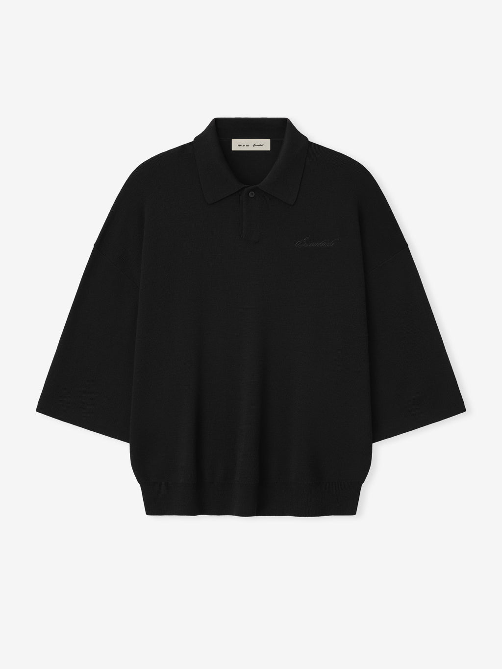 black 3/4 sleeve knit polo with relaxed fit and tonal embroidered Essentials script on chest