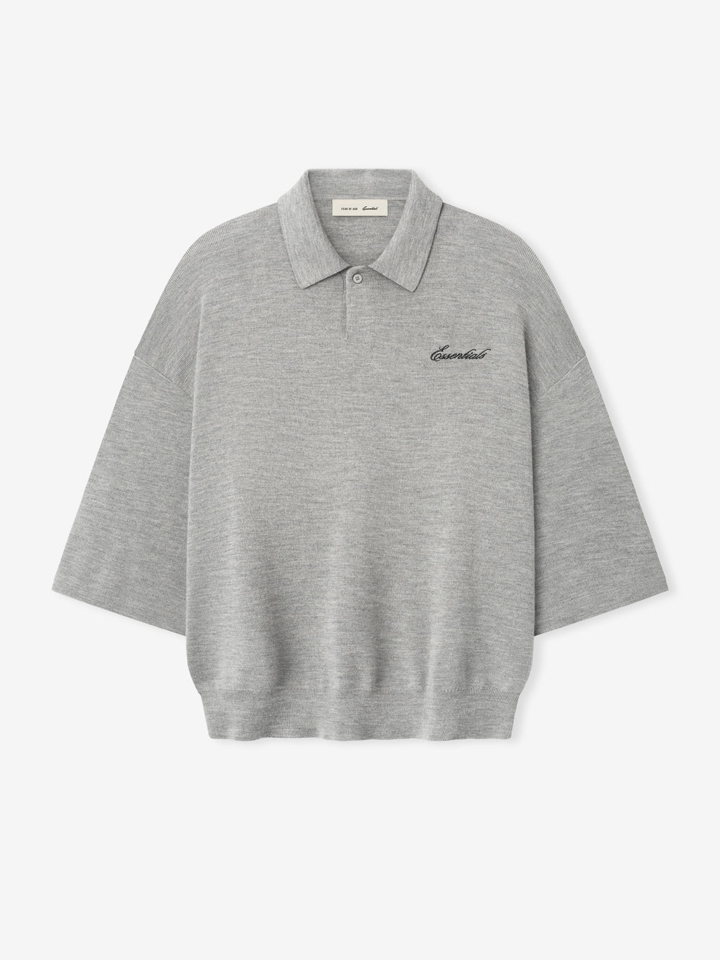 light grey heavy merino knit polo with relaxed fit, 3/4 sleeves, classic collar, and black Essentials signature embroidery on chest