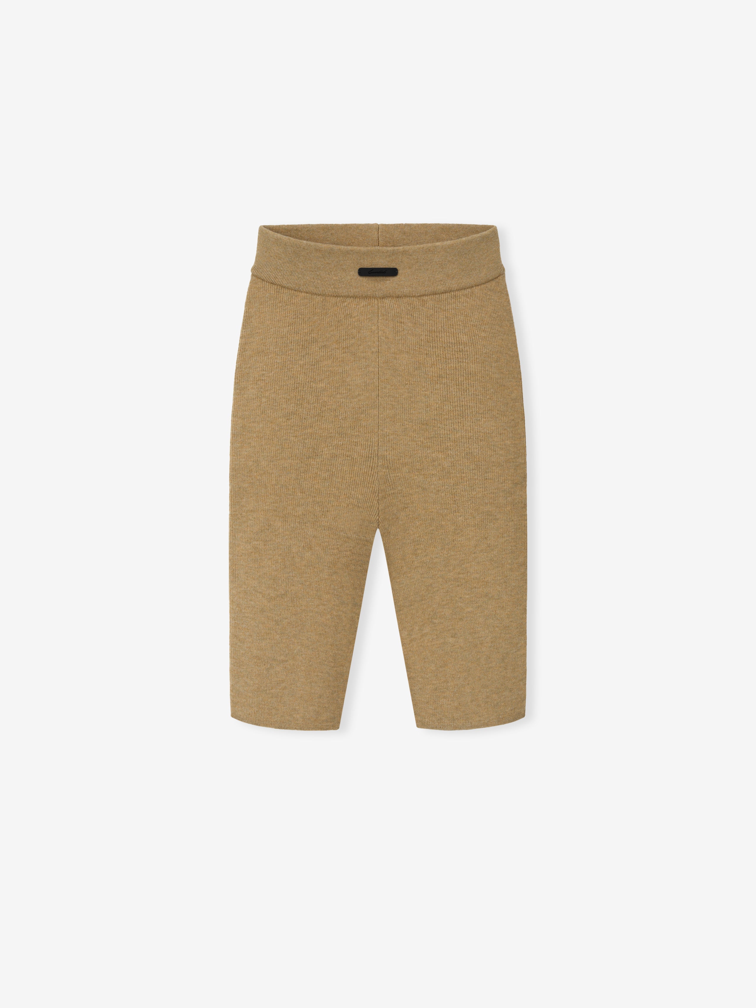 tan ribbed knit bike shorts for women with high waist and mid-thigh length in soft stretchy fabric