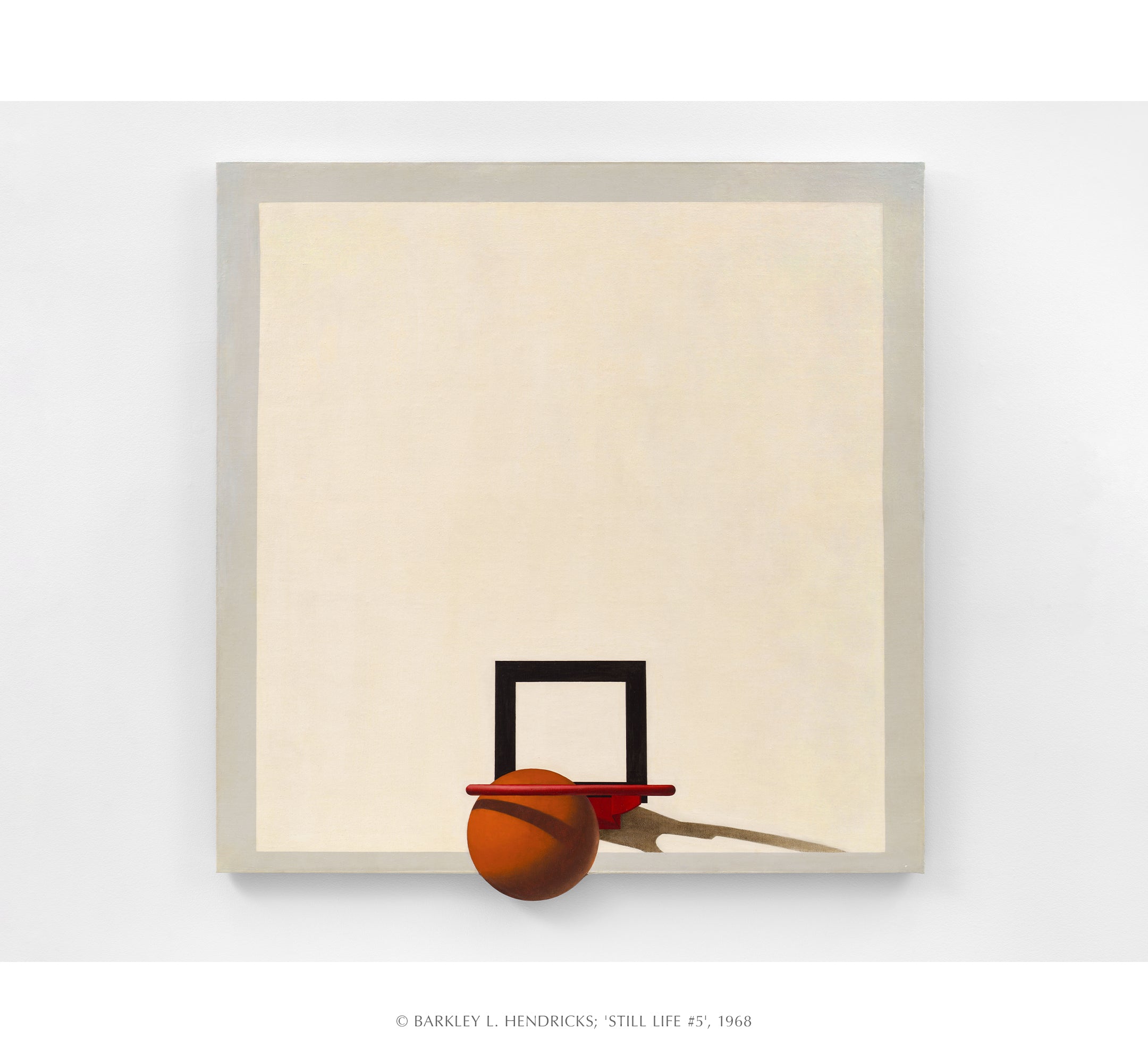 Abstract art piece with a black square backboard and red rim on a dark gray background.  Title 