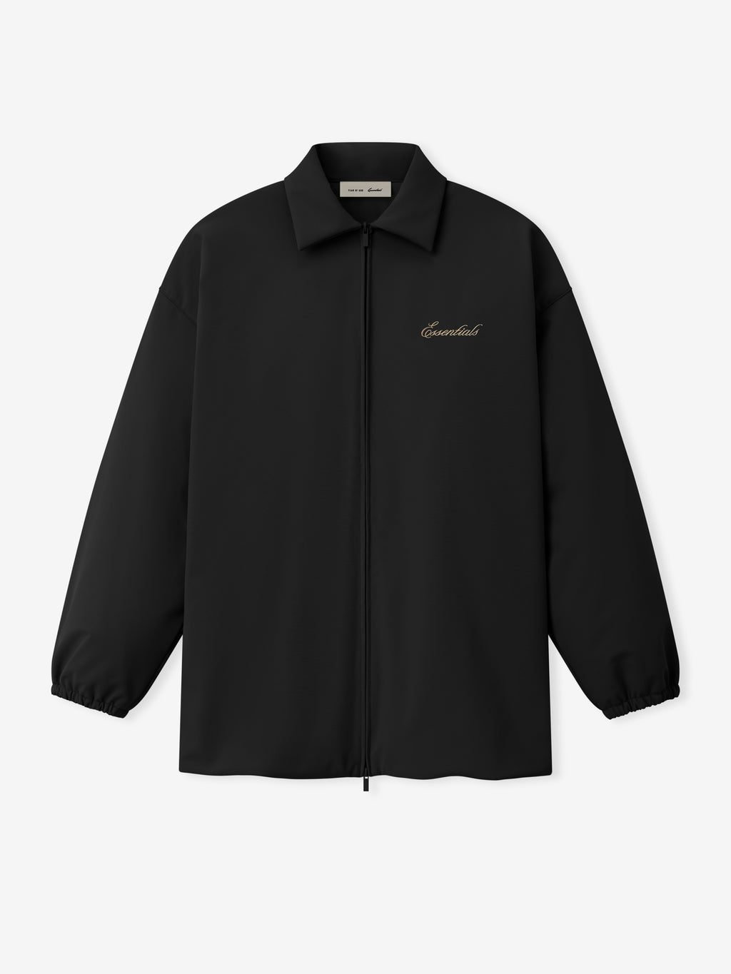 Black jacket with a brand logo on a light gray background