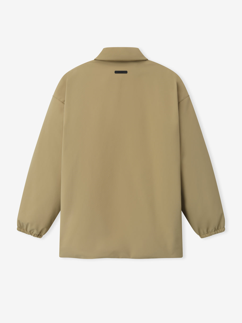 back view of tan bonded nylon filled barn jacket with elastic cuffs and minimalistic logo patch at collar