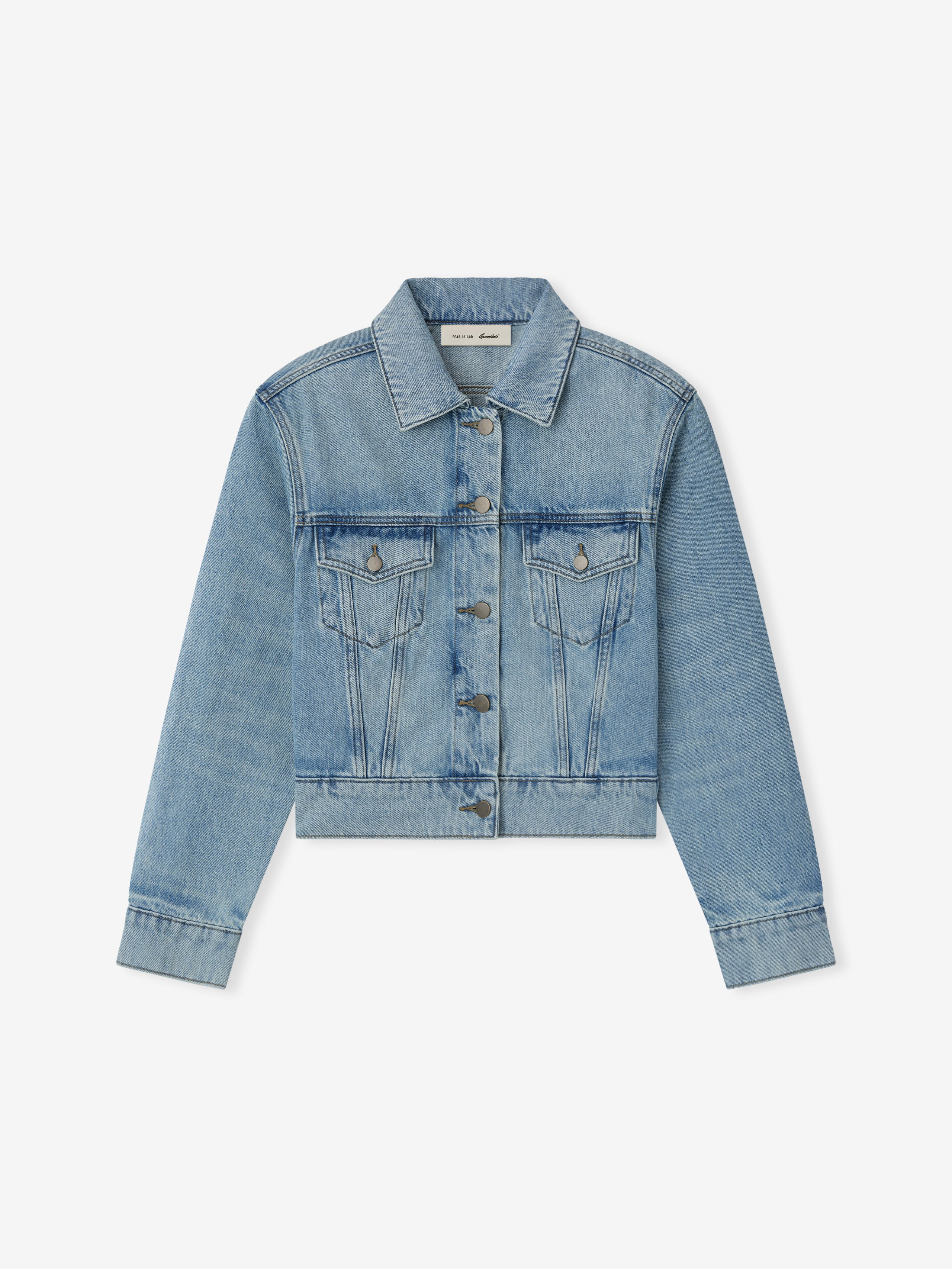 Light blue cropped denim jacket with button front, flap chest pockets, classic collar, and long sleeves on white background
