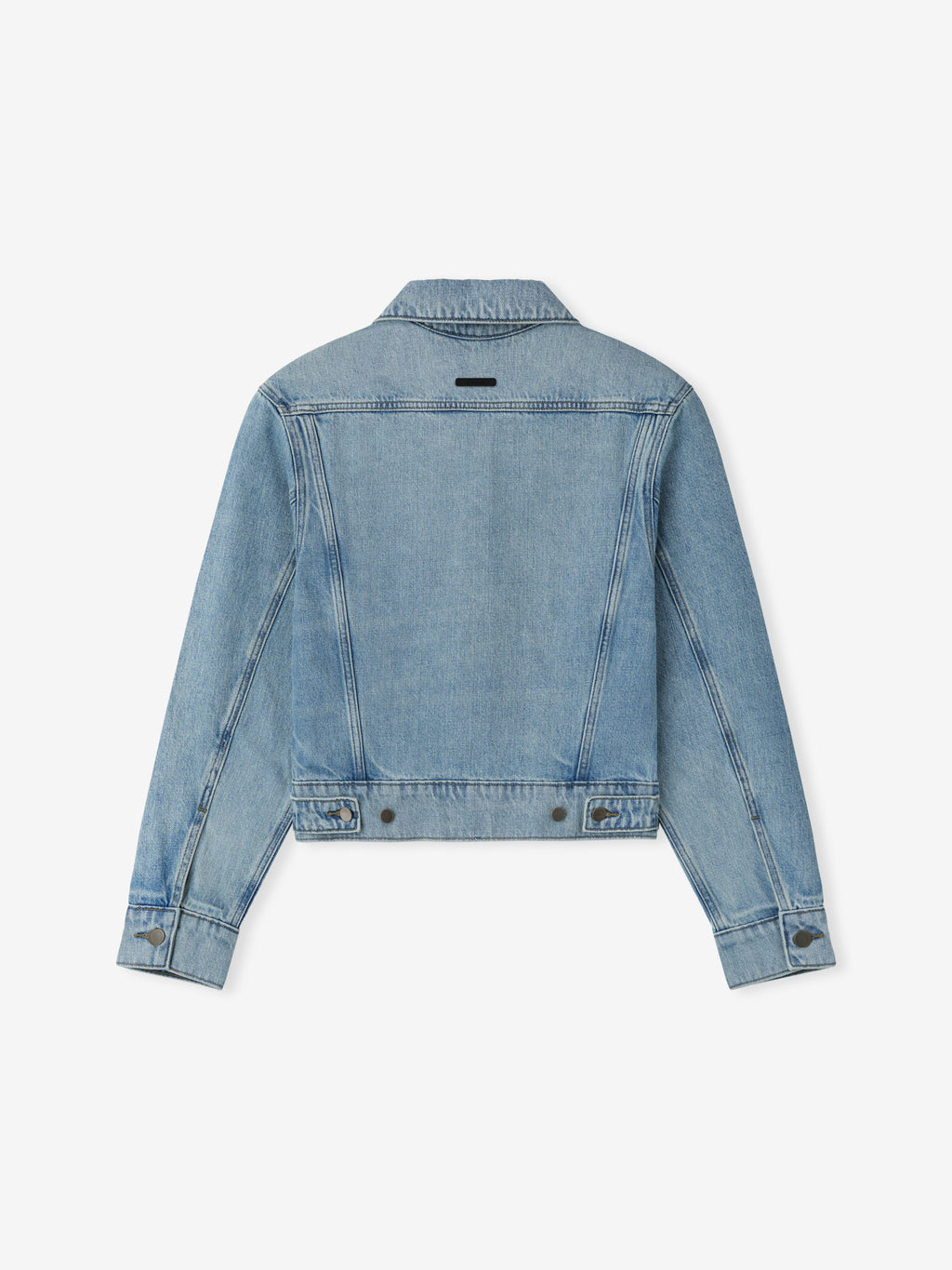 Back view of light wash denim jacket with classic collar, long sleeves, and adjustable waistband buttons on white background