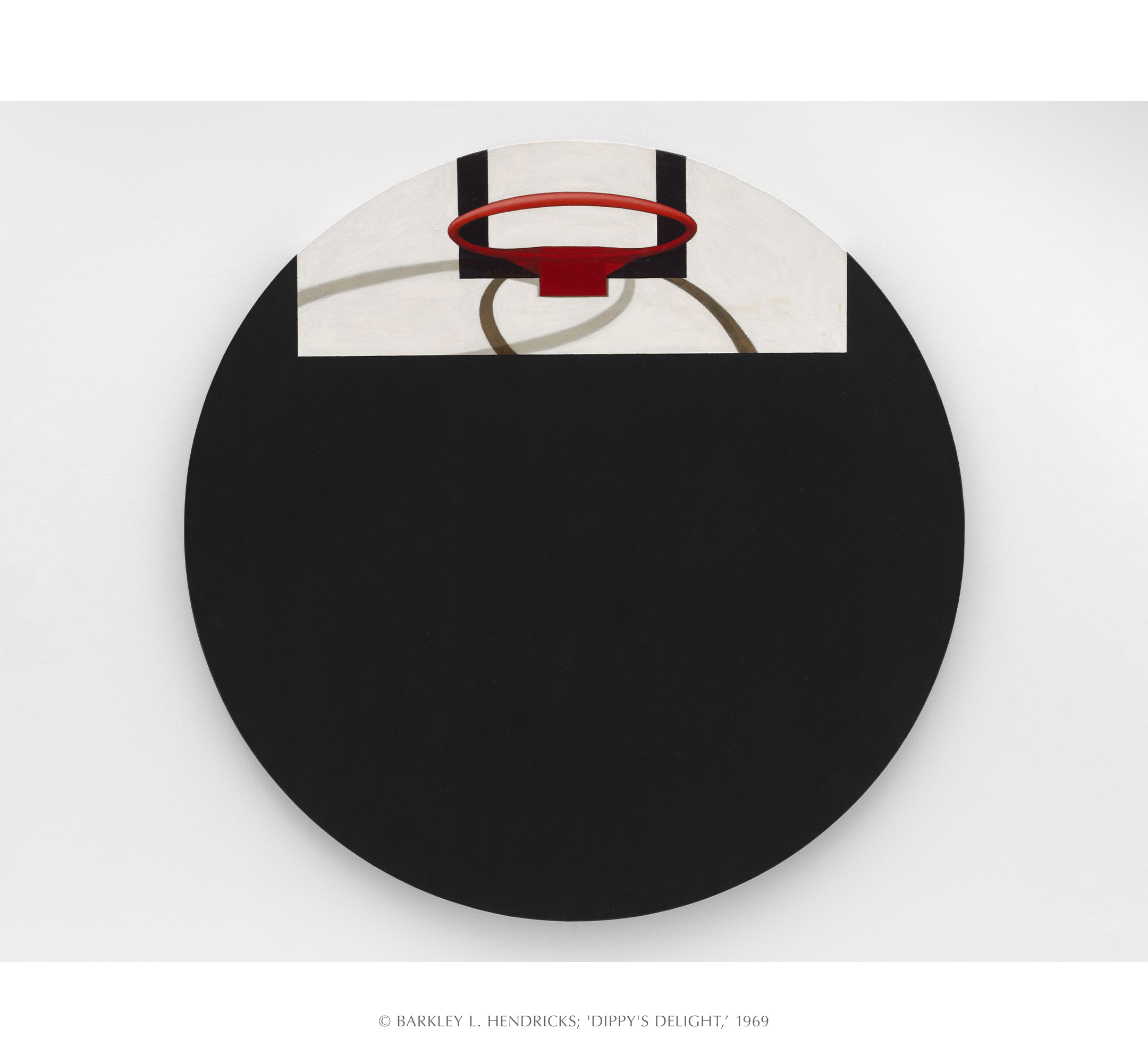 Abstract Artwork: Black round object with a basketball hoop design on a white background.  Title 