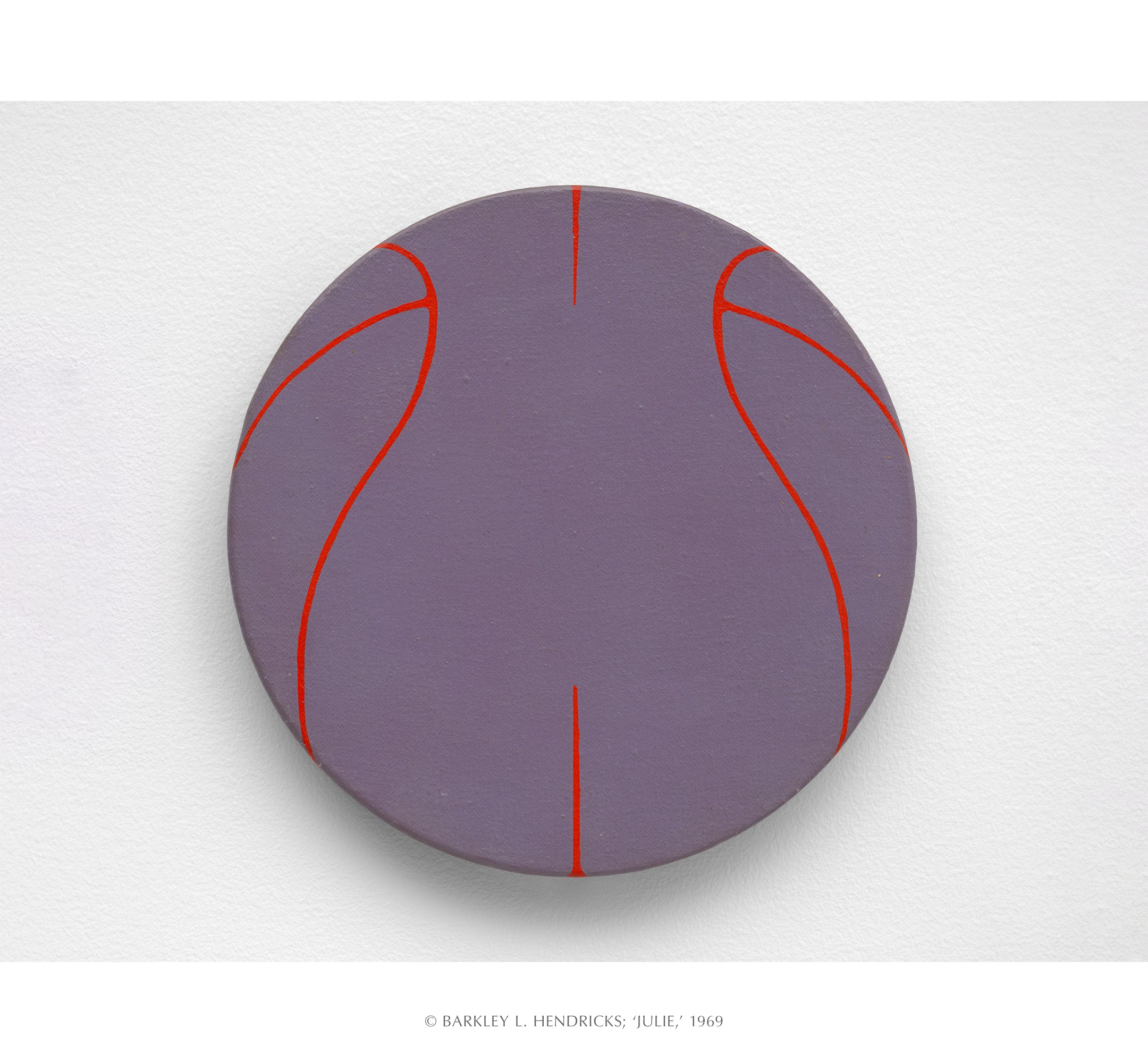 Round purple basketball painting with red lines on a white background - Captioned 