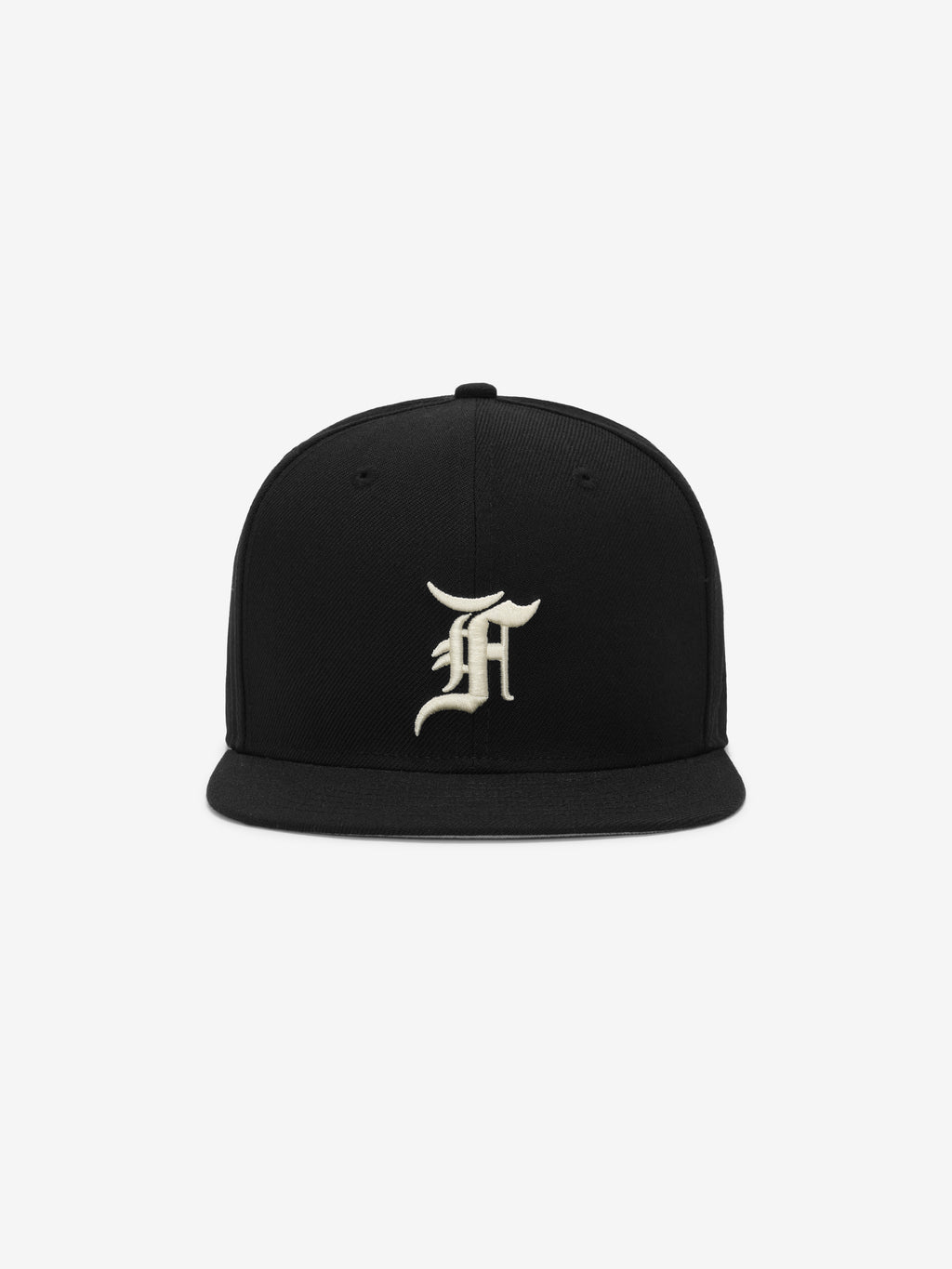 Black snapback cap with a white ornate letter "F" embroidered on the front panel against a plain background