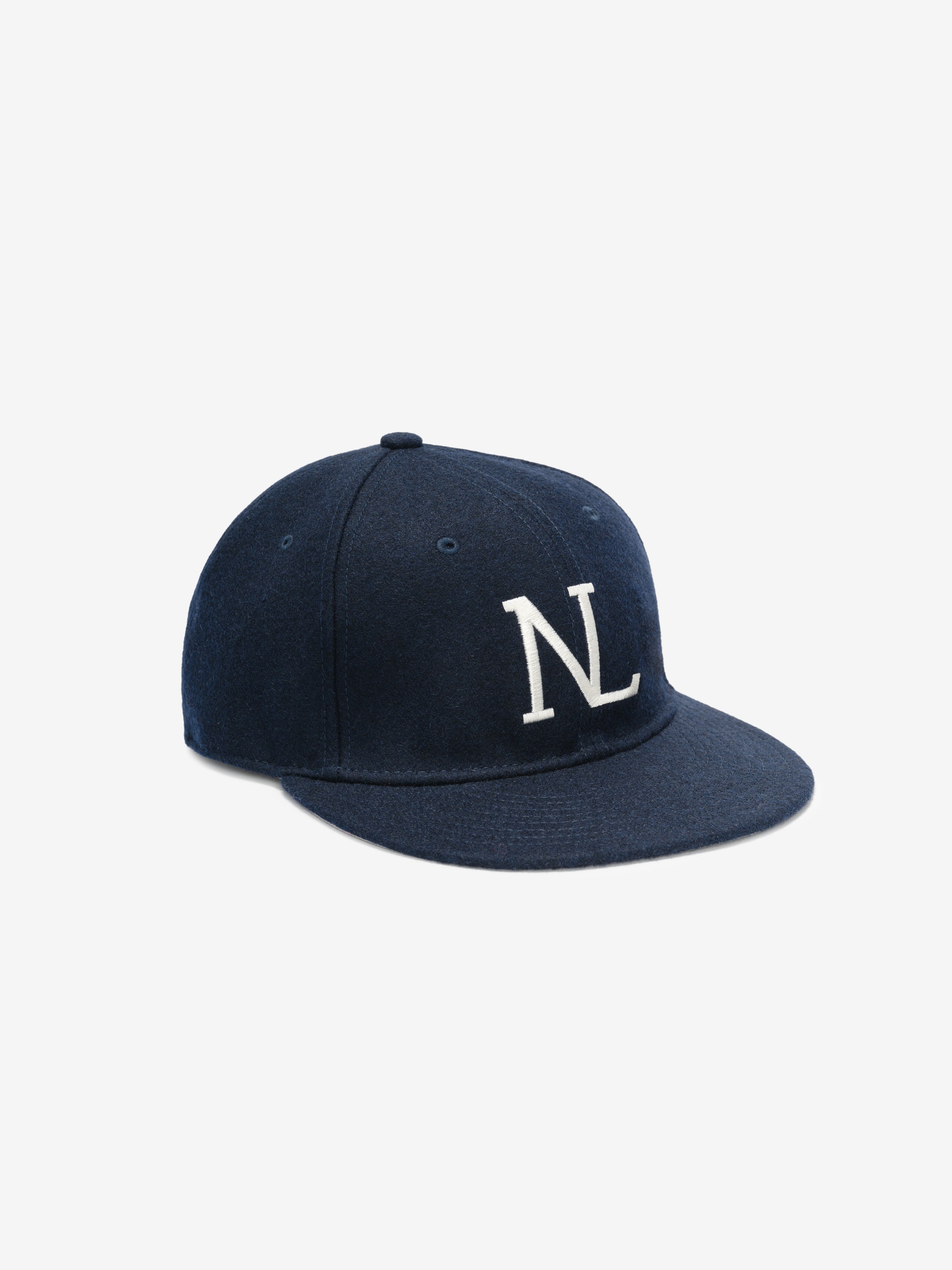Fear of God Essentials 59FIFTY Retro Fitted National League Cap in dark navy wool blend with a structured six-panel design and white embroidered NL logo on the front.