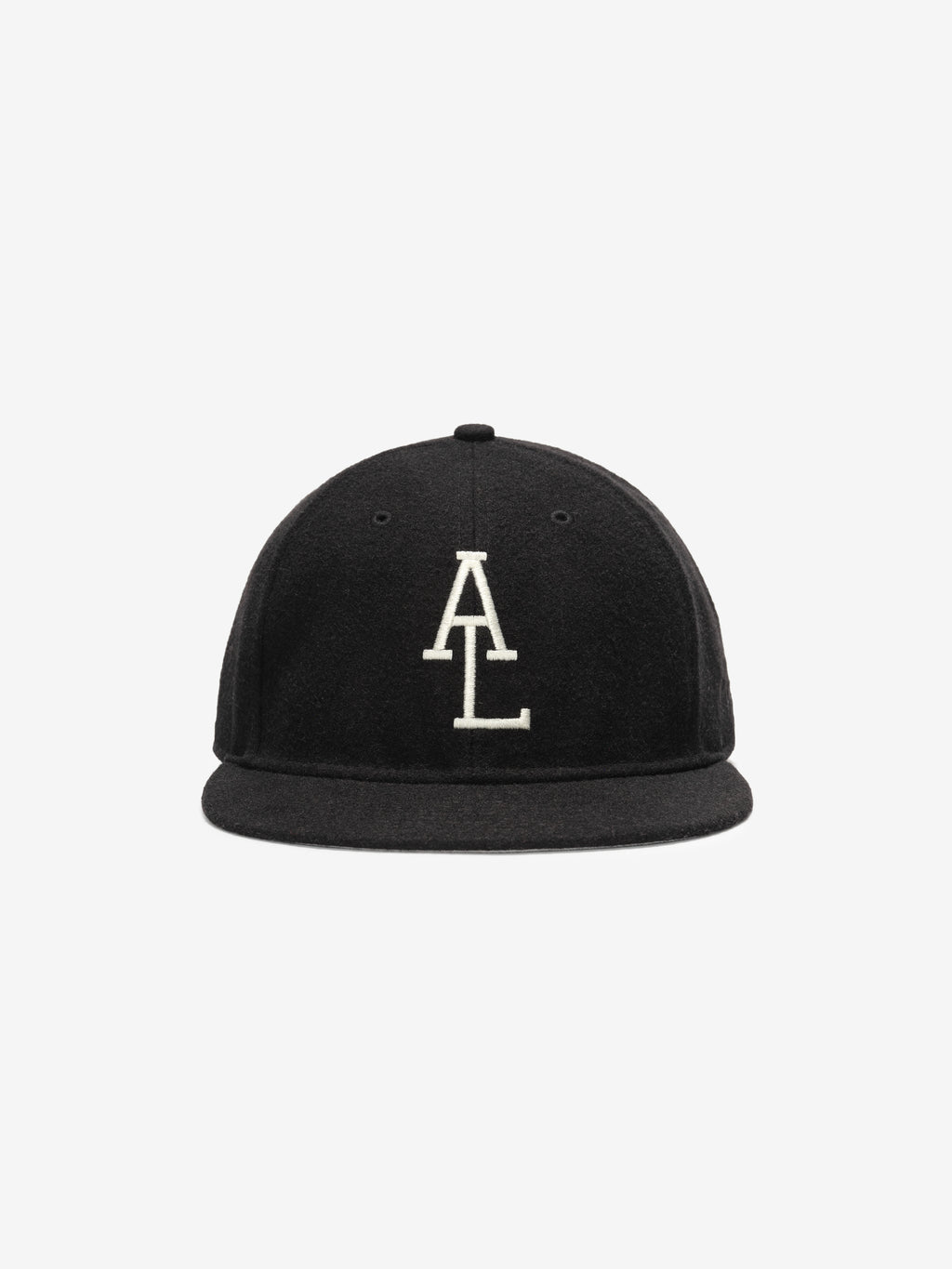 Fear of God Essentials 59FIFTY Retro Fitted American League Cap in black wool blend featuring a structured six-panel silhouette with white embroidered AL logo on the front panel.