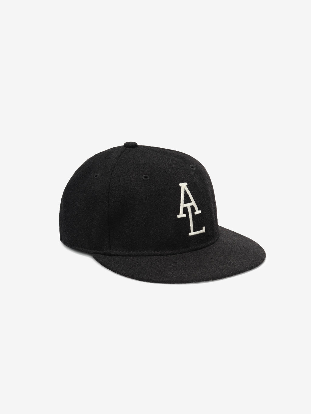 Fear of God Essentials 59FIFTY Retro Fitted American League Cap in black wool blend with a structured six-panel design and white embroidered AL logo on the front.