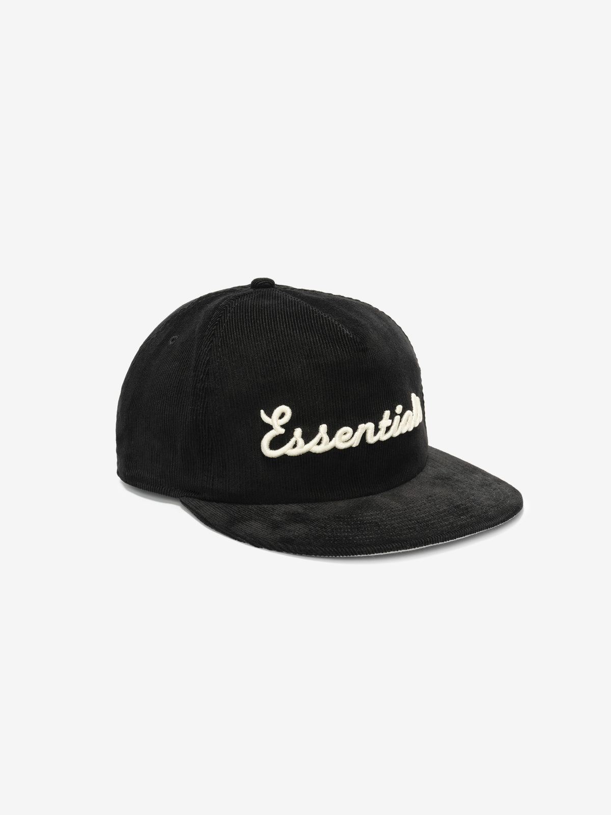 New Era 19TWENTY Essentials MLB Snapback Cap in black with a white Essentials script logo and flat brim against a light gray background
