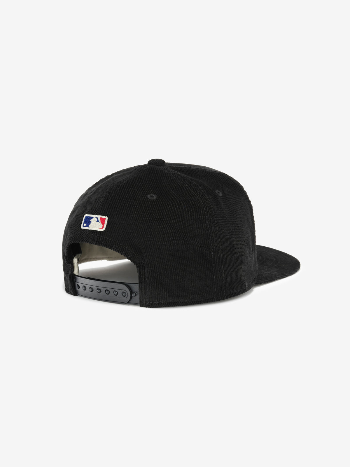 New Era 19TWENTY Essentials MLB Snapback Cap in black with an adjustable snap closure flat brim and MLB logo patch shown from the back against a light gray background
