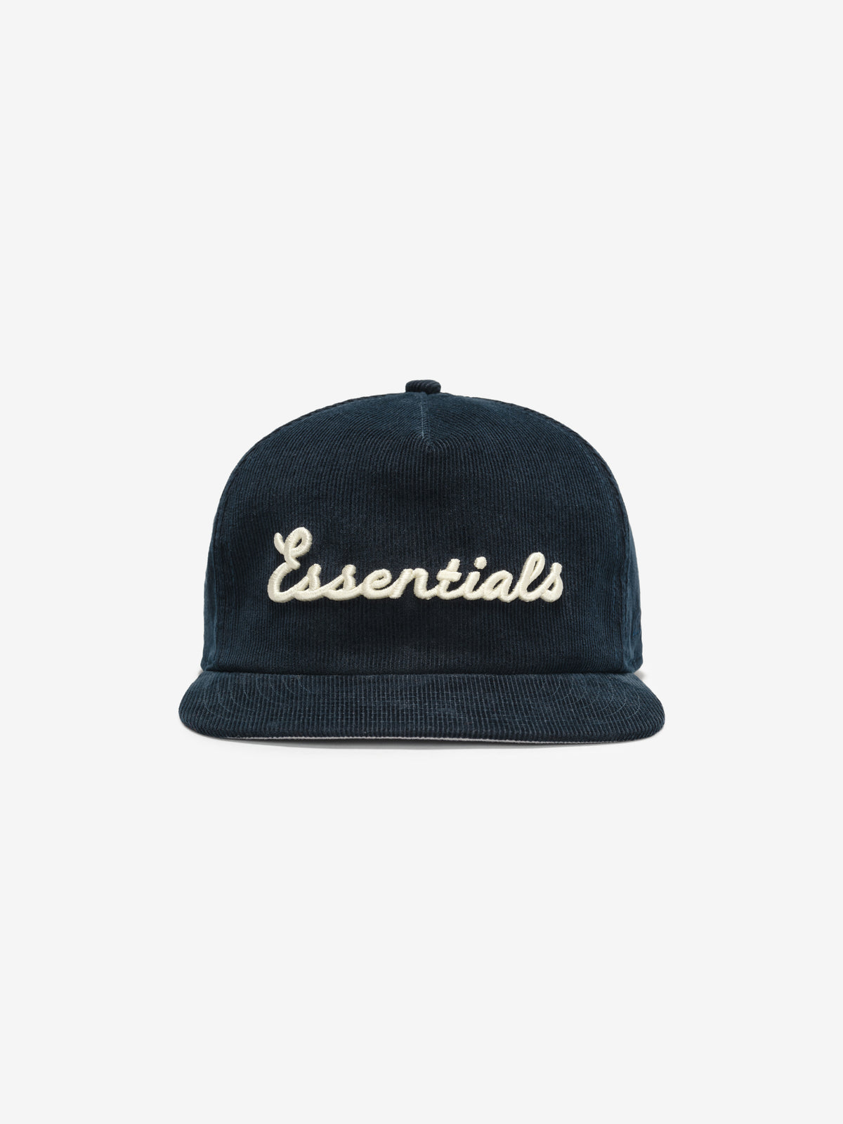 New Era 19TWENTY Essentials Yankees Snapback Cap in dark navy corduroy with cream Essentials script embroidery and a flat brim viewed from the front