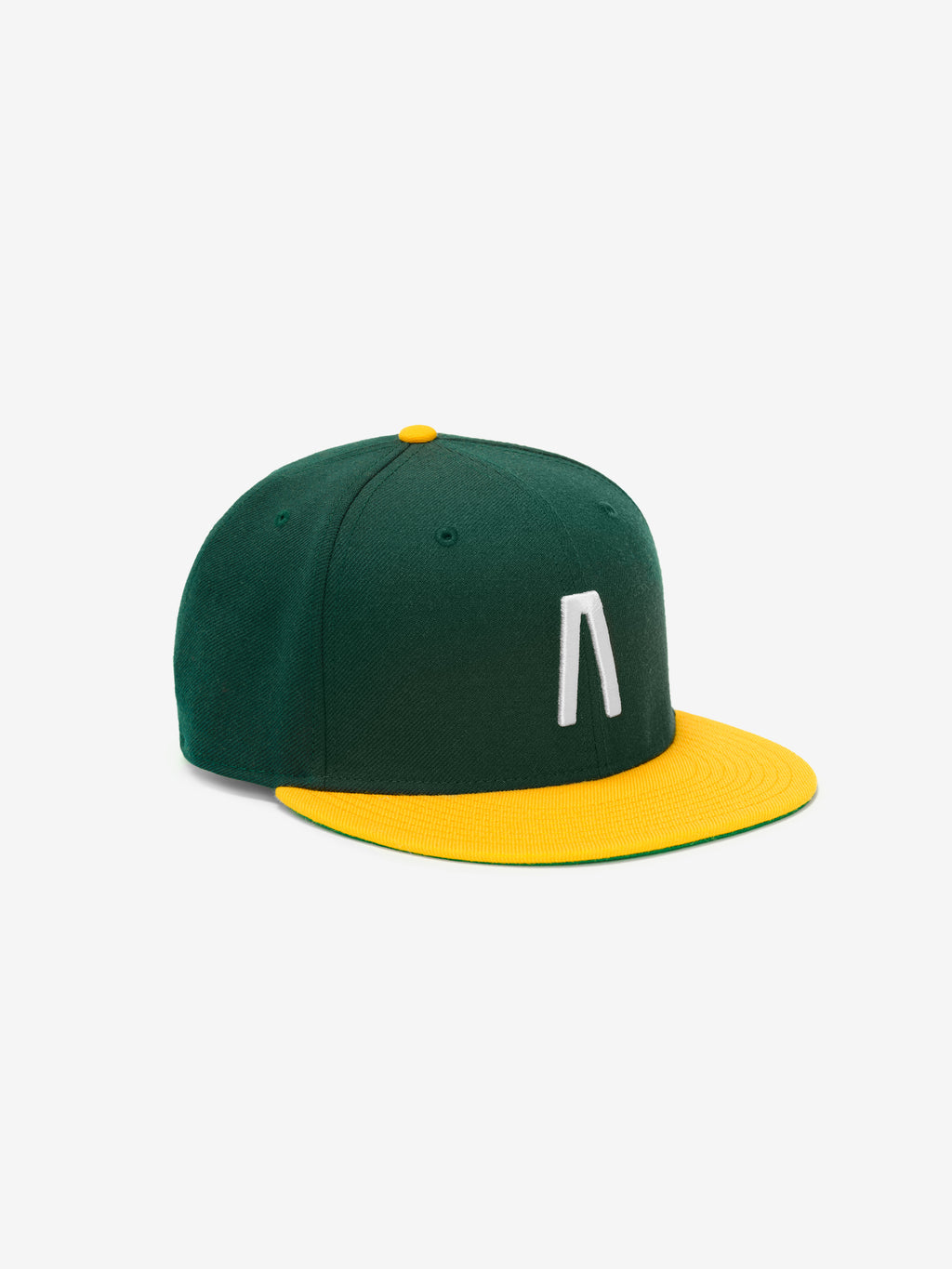 Fear of God Essentials 59FIFTY Athletics Cap in deep green featuring a bright yellow flat brim and button, with a bold white embroidered minimalist symbol on the front panel.