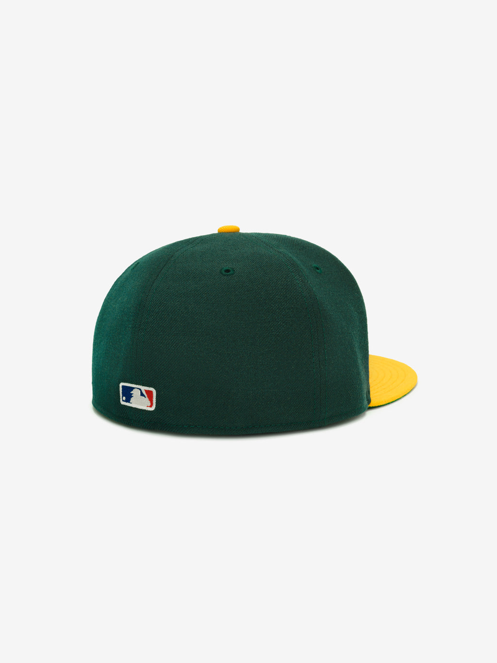 Fear of God Essentials 59FIFTY Athletics Cap shown from the back, featuring a dark green crown with a contrasting yellow flat brim and button, and a small MLB logo embroidered near the base.