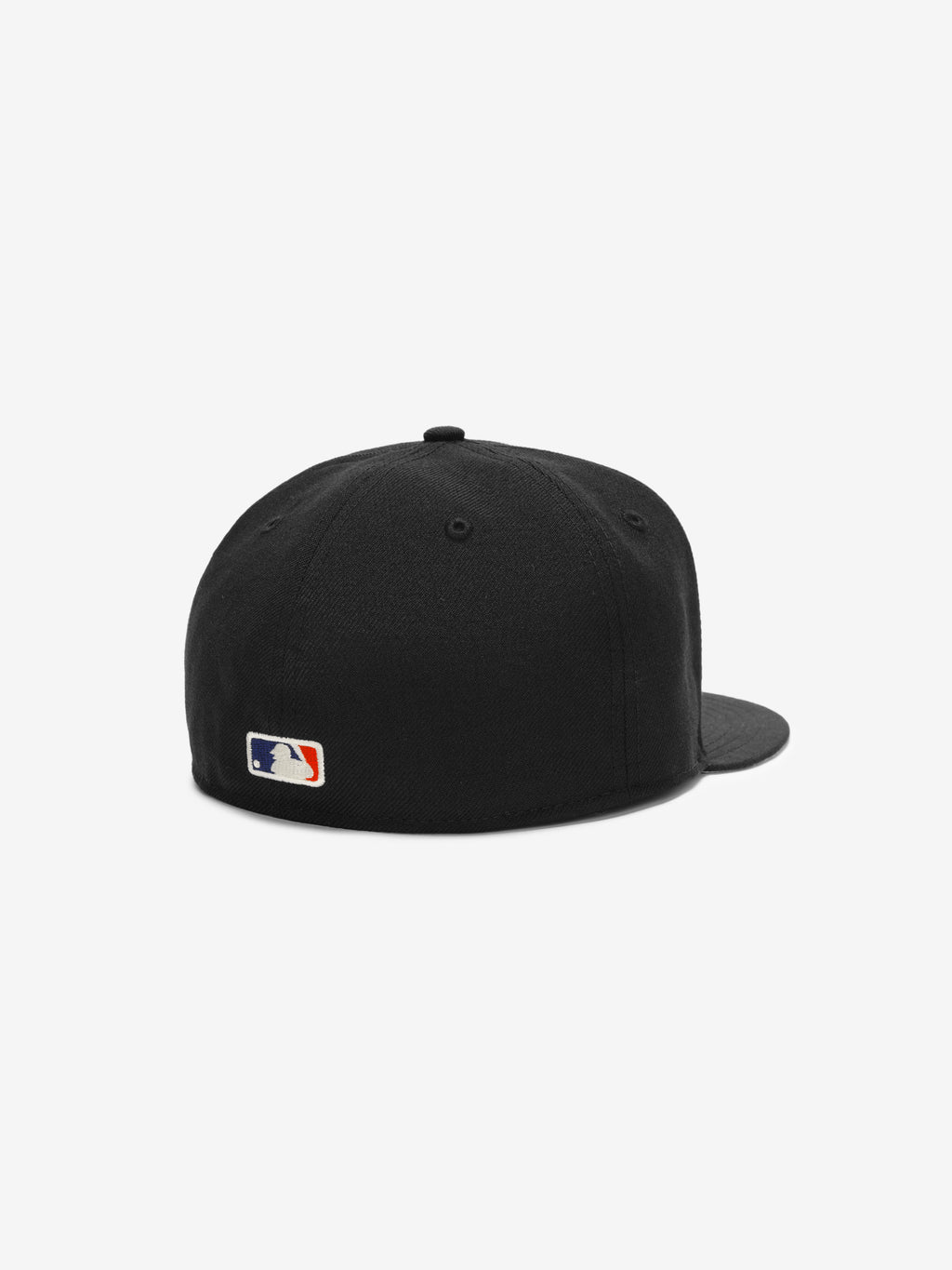 Fear of God Essentials 59FIFTY Athletics Cap shown from the back, featuring a solid black crown with black stitching, a matching black flat brim, and a small MLB logo embroidered near the base.