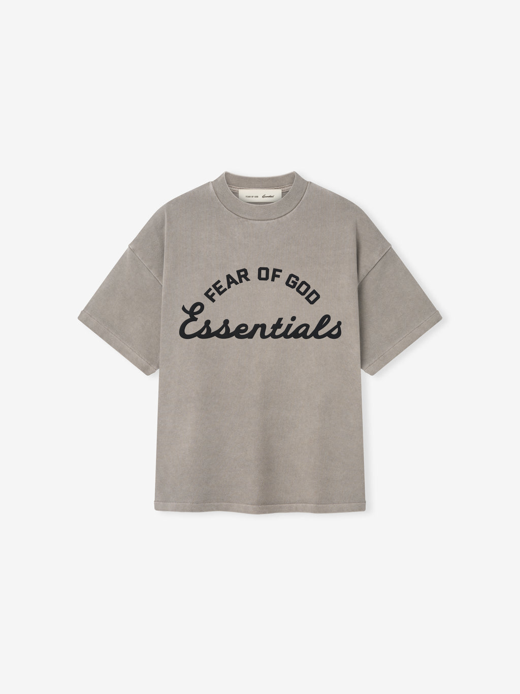 kids oversized vintage-style short sleeve tee in faded gray with bold Fear of God Essentials logo on front
