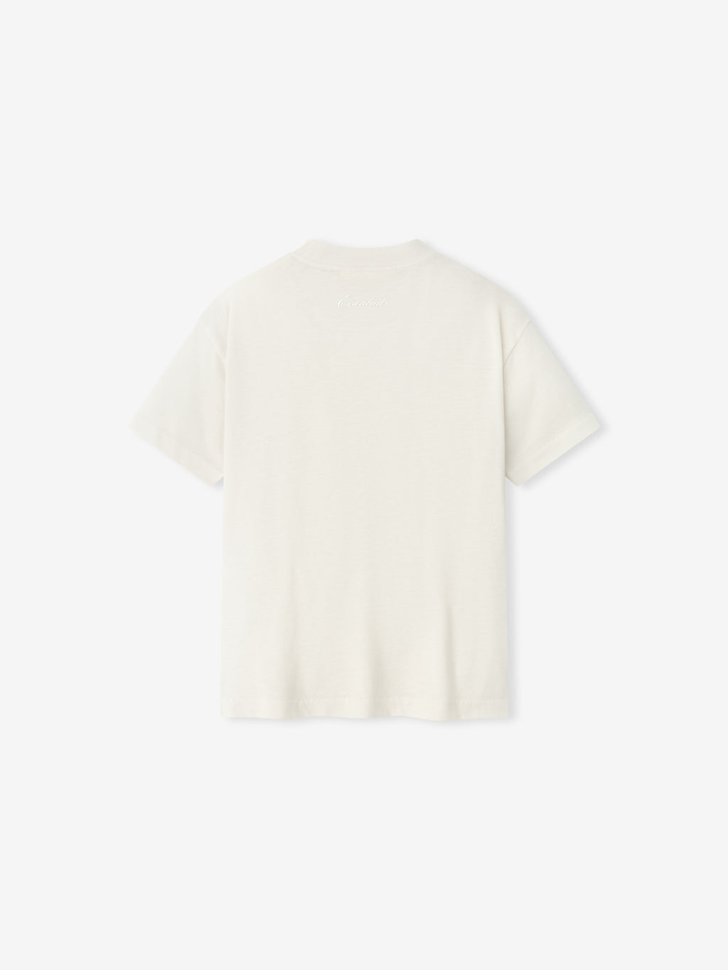 back view of kids classic fit short sleeve tee in soft off-white cotton blend fabric with branded neckline detail